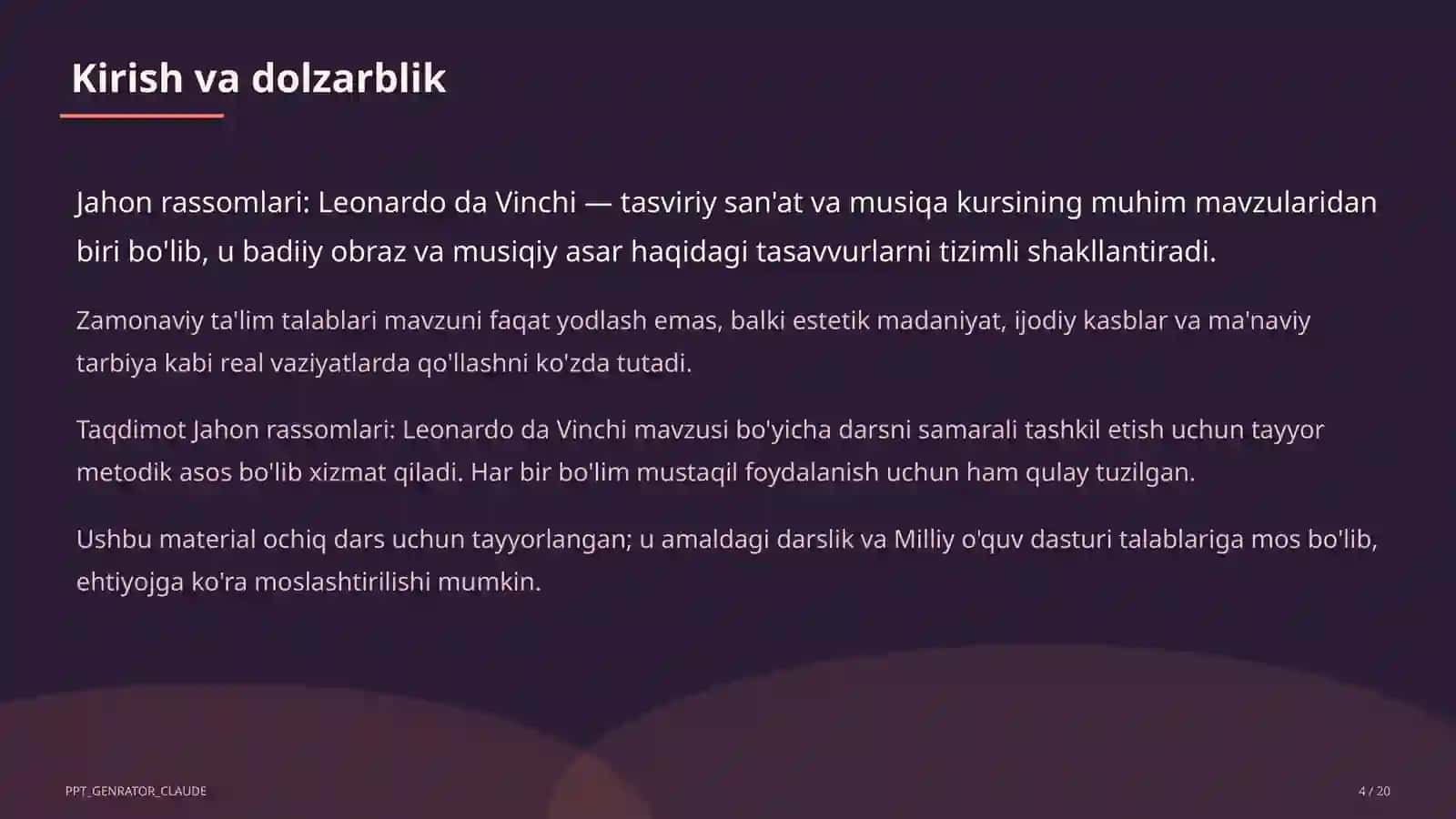 Tasviriy san'at va musiqa (1–7) — ochiq dars uchun 4