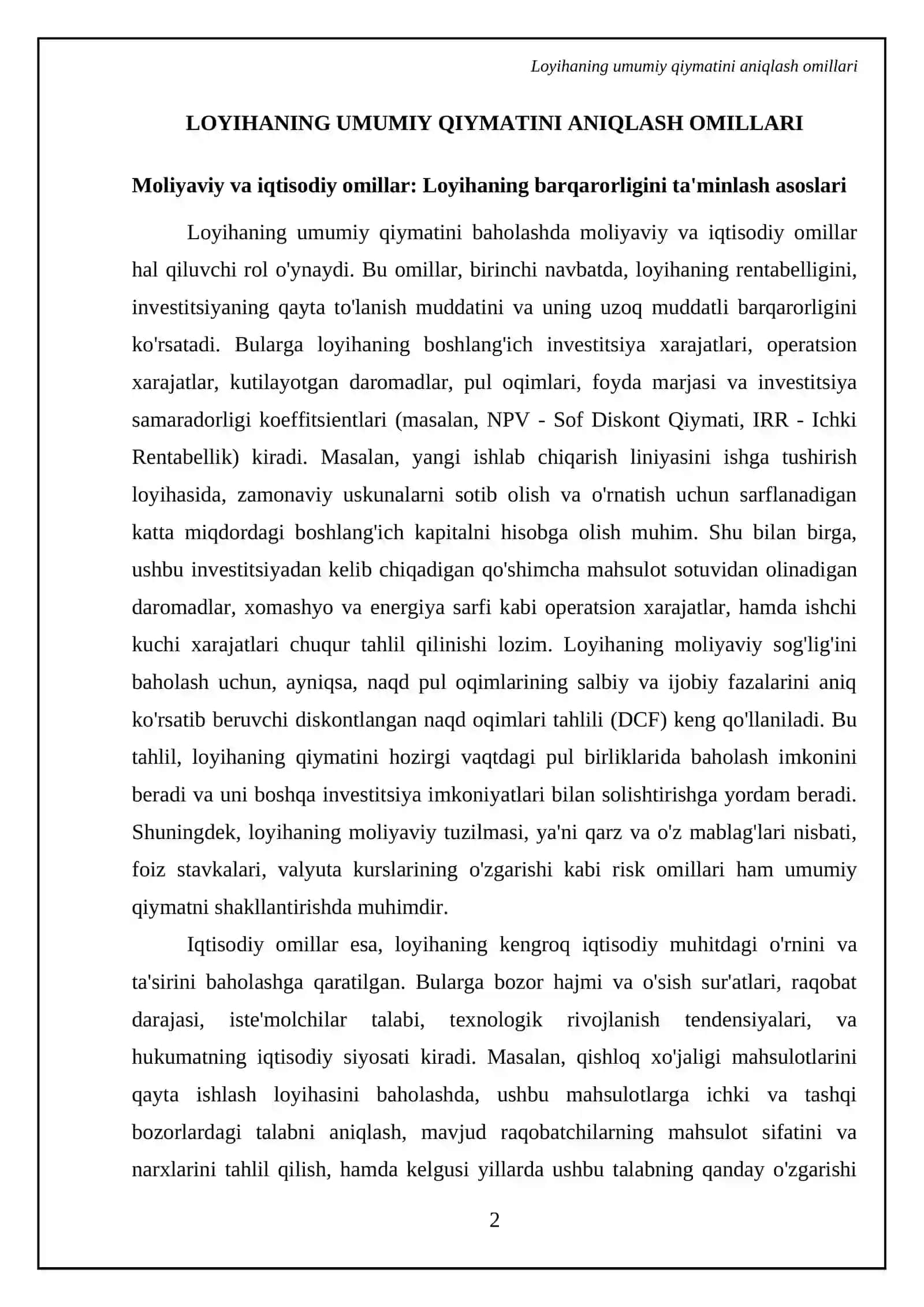 Loyihaningumumiy qiymati, uni shakllantirish va baholash 4