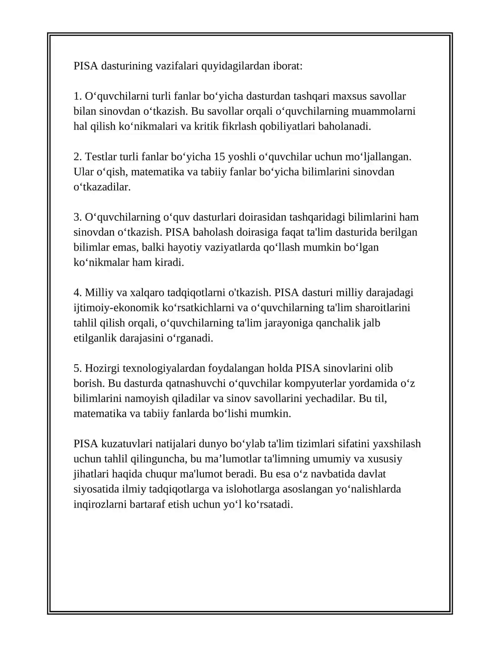 PISADA OʻQUVCHILAR BILIM MONITORING DARAJASI 4