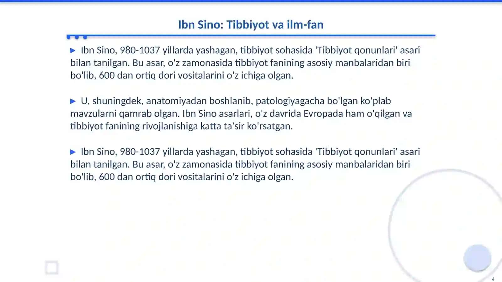 Farobiy, Ibn Sino, Beruniy,Mahmud Qoshgʻariy,Marg'iloniy, Zamaxshariylarning ilm-fan va kitobatchilik ishiga qo'shgan hissalari.Kitob tarixi fanidan 4