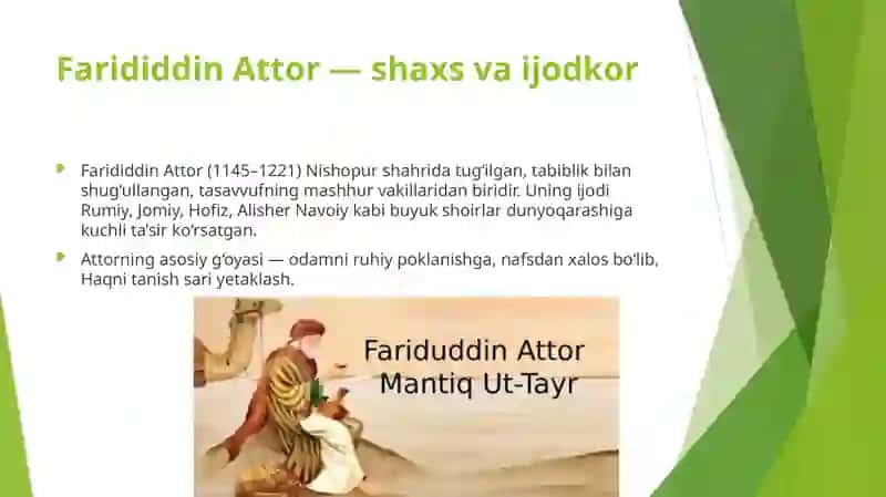 Taqdiot Farididdin Attorning “Mantiqut-tayr” asari va faylasuflarga berilgan baholari, uning mazmuni 4