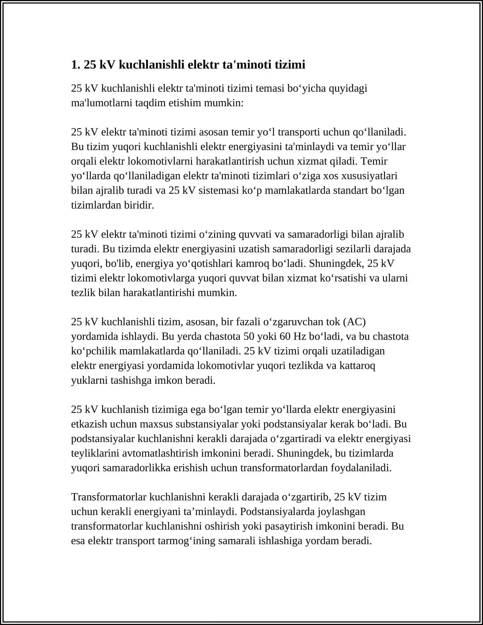 25 KV KUCHLANISHLI VA 50 HZ CHASTOTALI BIR FAZALI O'ZGARUVCHAN TOK TORTISH ELEKTR TA'MINOTI TIZIMI 4