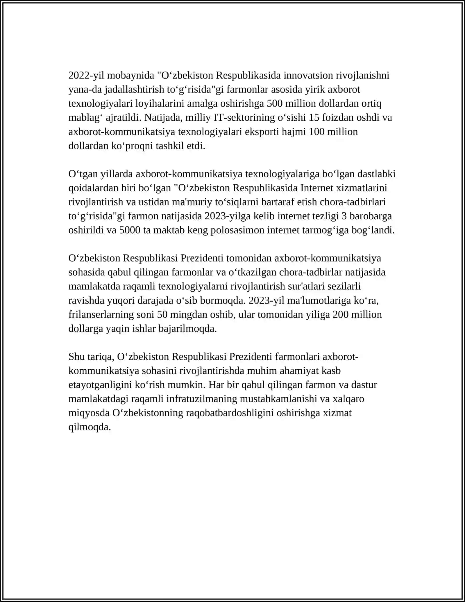 ÓZBEKISTONDA AXBOROT KOMMUNIKATSIYA SOHASINI RIVOJLANTIRISHDAGI ASOSIY YÓNALISHLARI, AMALDAGI QONUNLAR, ÓZBEKISTON RESPUBLIKASI PREZIDENTI FARMONLARI VA VAZIRLAR MAXKAMASINING QARORLARI 4