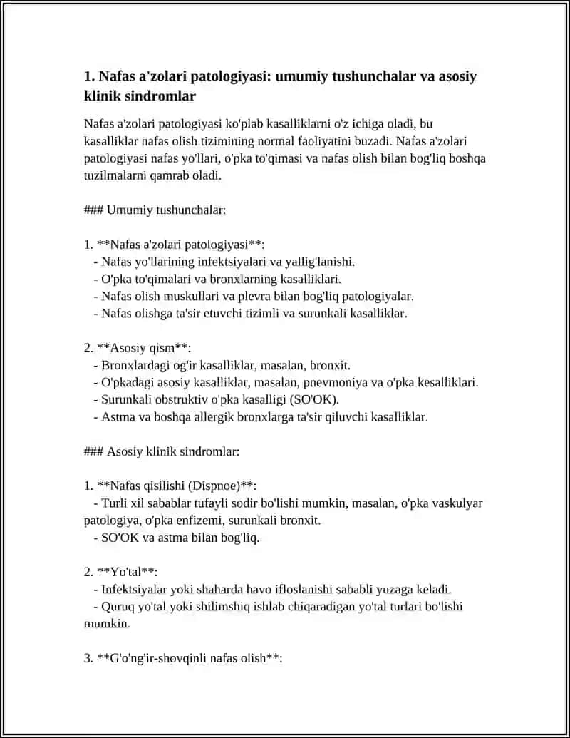 NAFAS A'ZOLARI TIZIMI PATALOGIYASINING ASOSIY KLINIK SINDROMLARI. BRONXLAR ŌTKAZUVCHANLIGI BUZULISH SINDROMI. ÓTKIR VA SURUNKALI KASALLIGI. ŌPKANI OBSTRUKTIV KASALLIKLARINI TEKSHIRISH.DIAGNOSTIKA.ETIOLOGIYASI VA PATOGENEZI XAQIDA UMUMIY TUSHUNCHA 4
