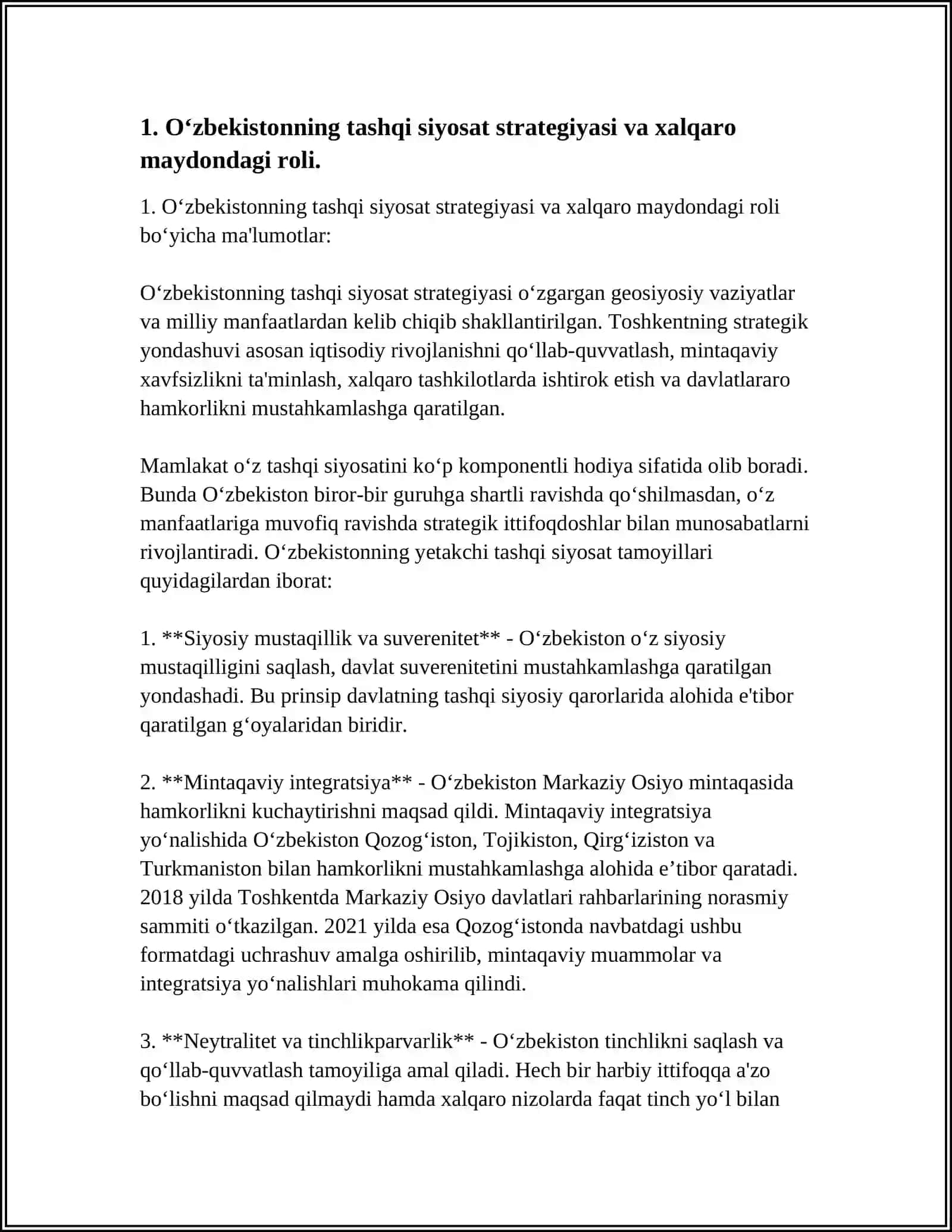 O‘ZBEKISTONNING XALQARO ALOQALARI VA JAHON HAMJAMIYATIDAGI O’RNI. O‘ZBEKISTON RESPUBLIKASINING XALQARO REYTING VA INDEKSLARDAGI O‘RNI VA NUFUZINING ORTIB BORISHI. PEDAGOGIK KADRLAR TAYYORLASH, FAN VA TA’LIMNING INTEGRATSIYON JARAYONLARI 4