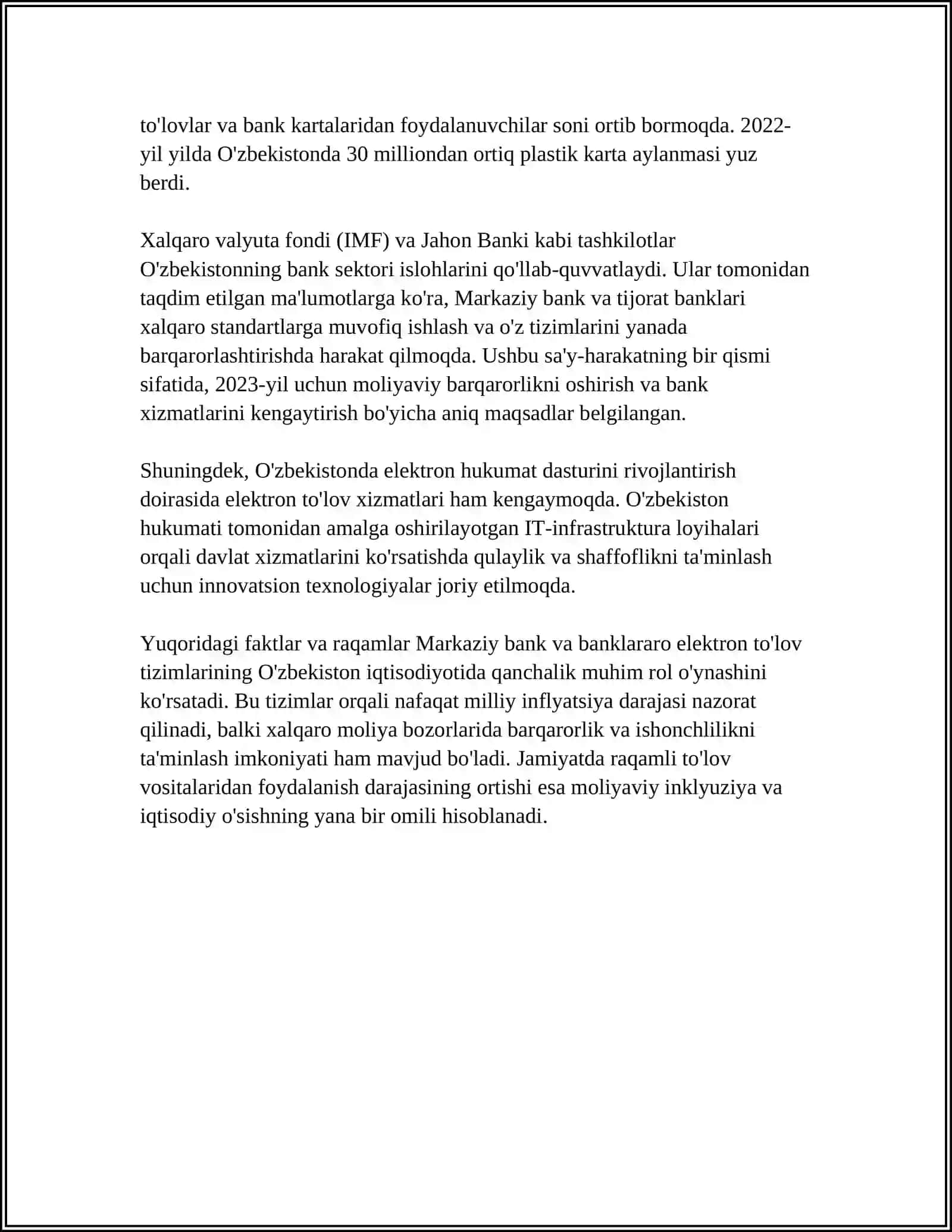 O'ZBEKISTON BANK TIZIMIDA BANKLARARO HISOB-KITOBLARNING ELEKTRON TO'LOV TIZIMI ORQALI YURITILISHI VA ULARNING HISOBI 4