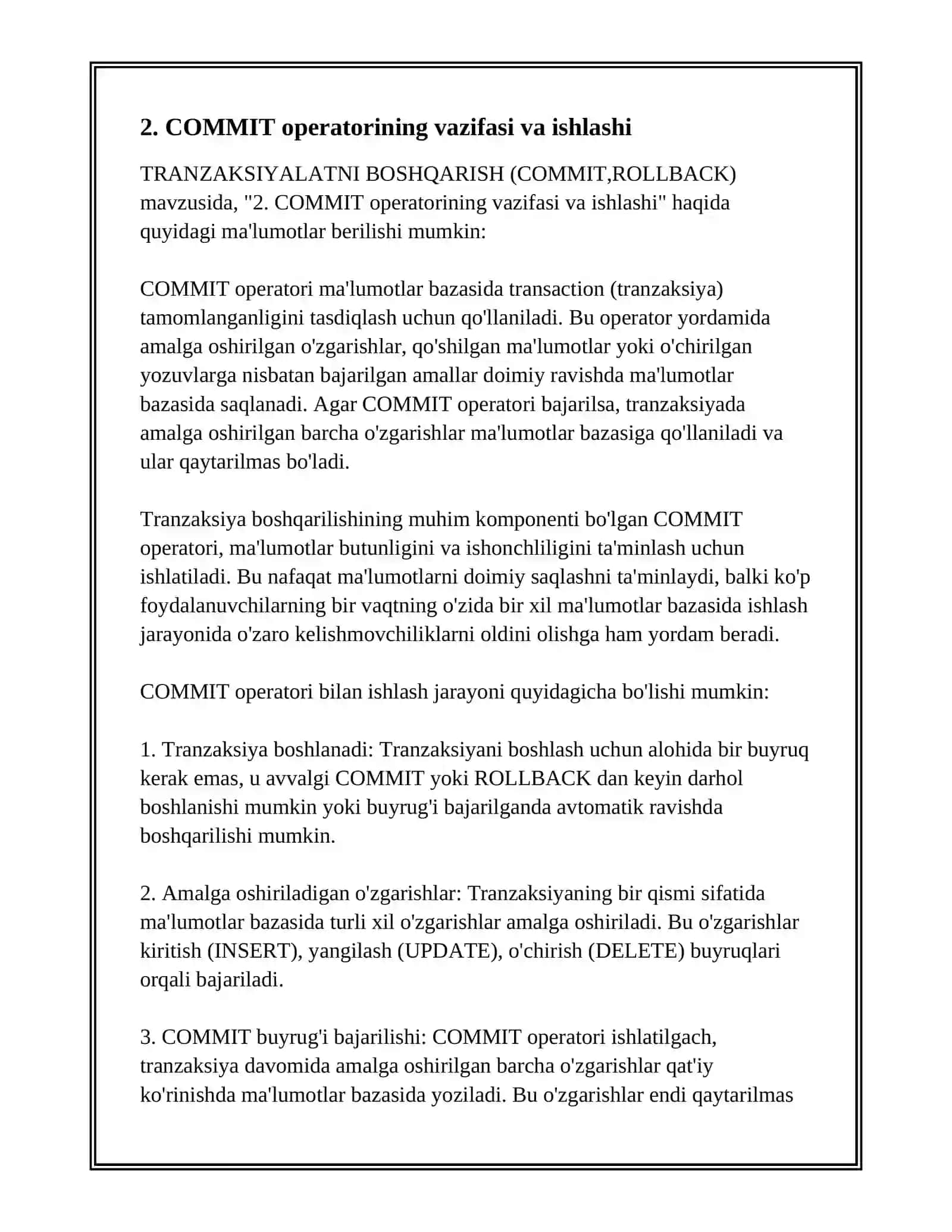 TRUZAKSIYALARNI BOSHQARISH (COMMIT, ROLLBACK) 4