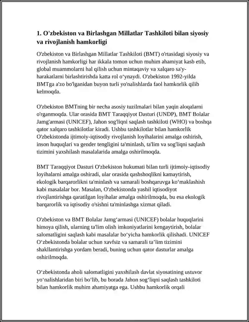 O'ZBEKISTONNING XALQARO TASHKILOTLAR BILAN HAMKORLIK ALOQALARI 4