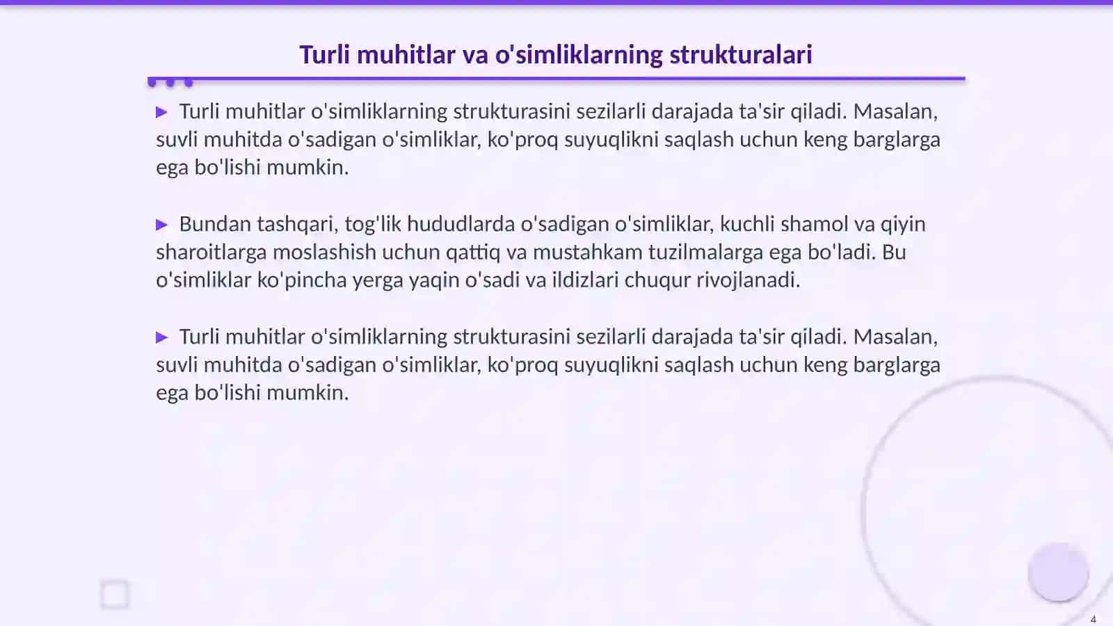 Turli muhit sharoyitida o'sgan o'simliklarning tuzilishini taqqoslash 4