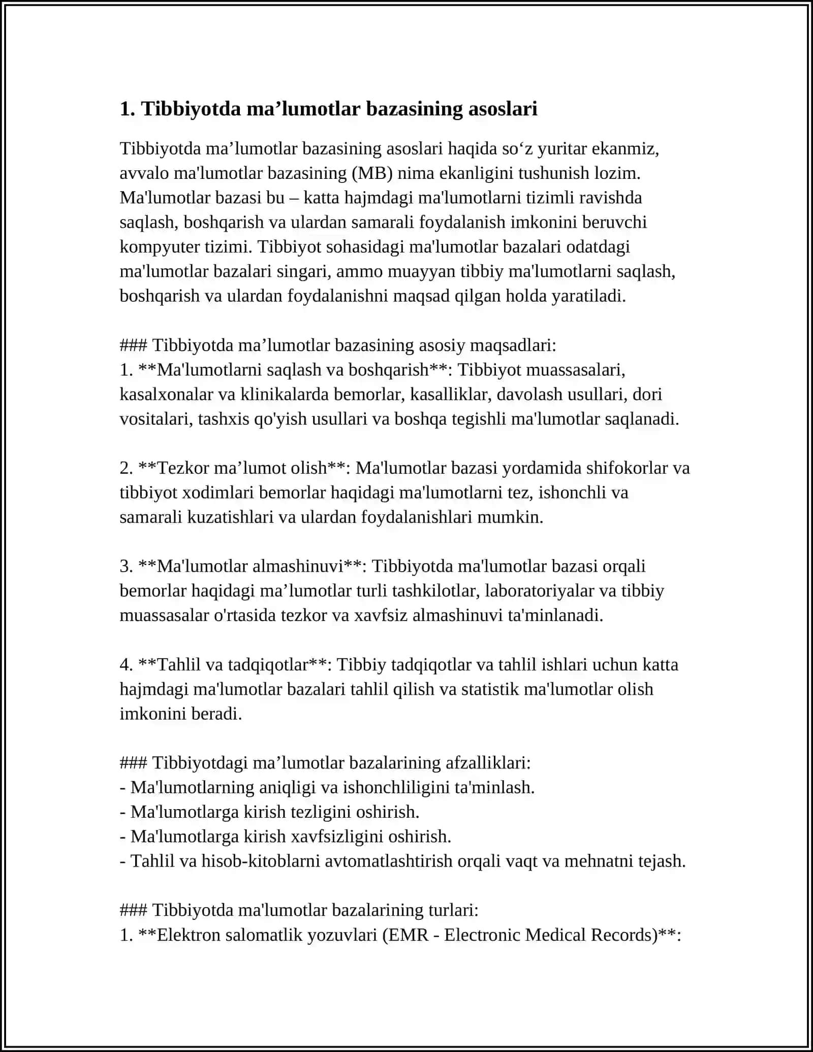 TIBBIYOTDA MAʼLUMOTLAR BAZASI LOYIHALASHTIRISH MUTAXASSIS SHIFOKORNING MALIMOTLAR BAZASINI BOSHQARVCHI TIZIMDIR 4