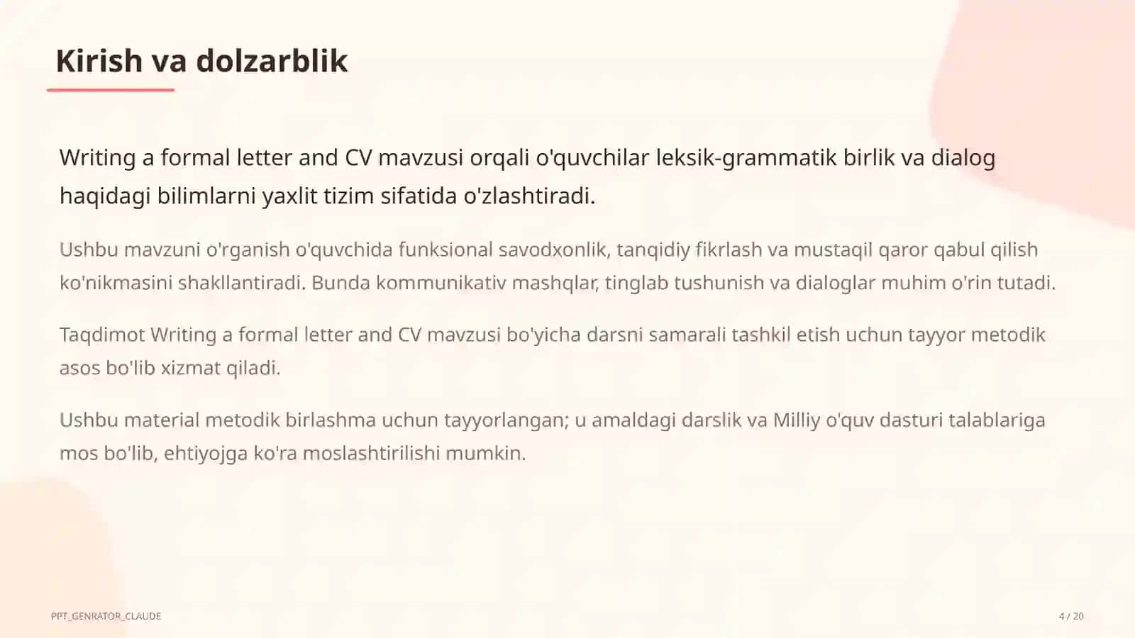 Writing a formal letter and CV (10-sinf) 4