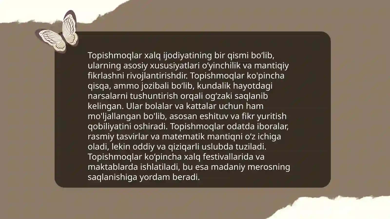 O'zbek xalq topishmoqlari to'plash va mazmunini sharhlab tahlil qilish 4