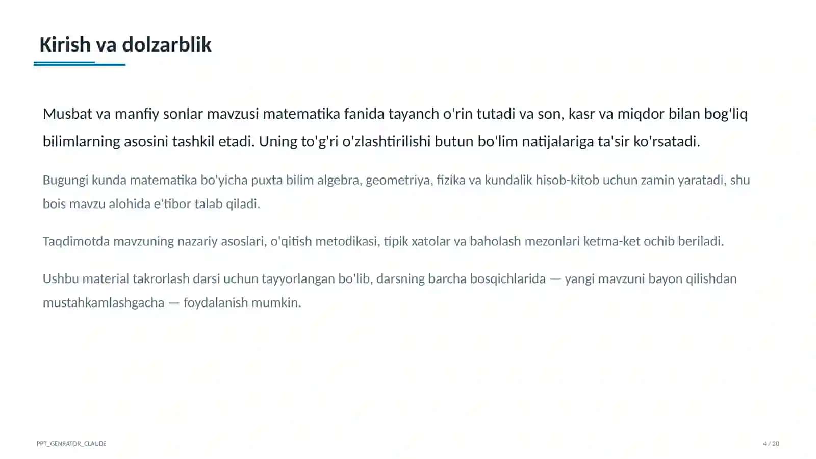 Musbat va manfiy sonlar (6-sinf) Matematika (5-6) — takrorlash darsi uchun 4