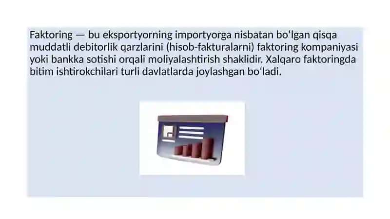 XALQARO KREDIT OPERATSIYALARI FAKTORING VA FORFEYTING 4