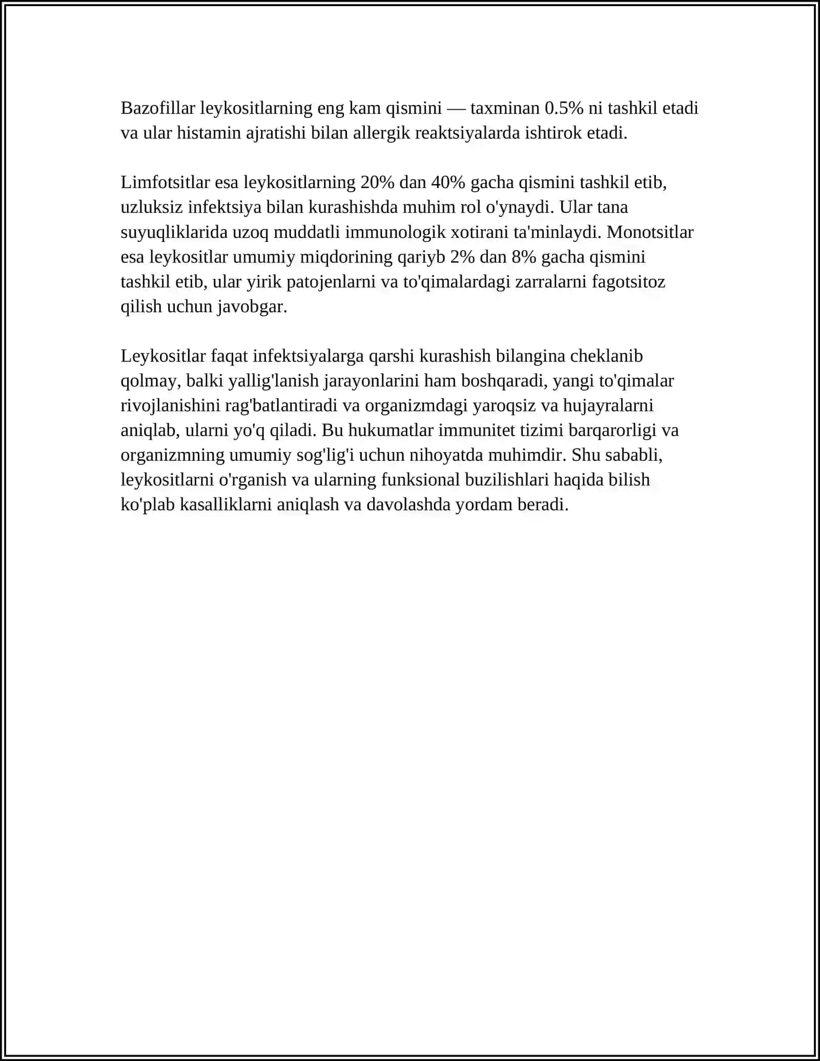 MUSTAQIL ISH Mavzu: LEYKOSITLAR ROLI, LEYKOSITAR FORMULA 4
