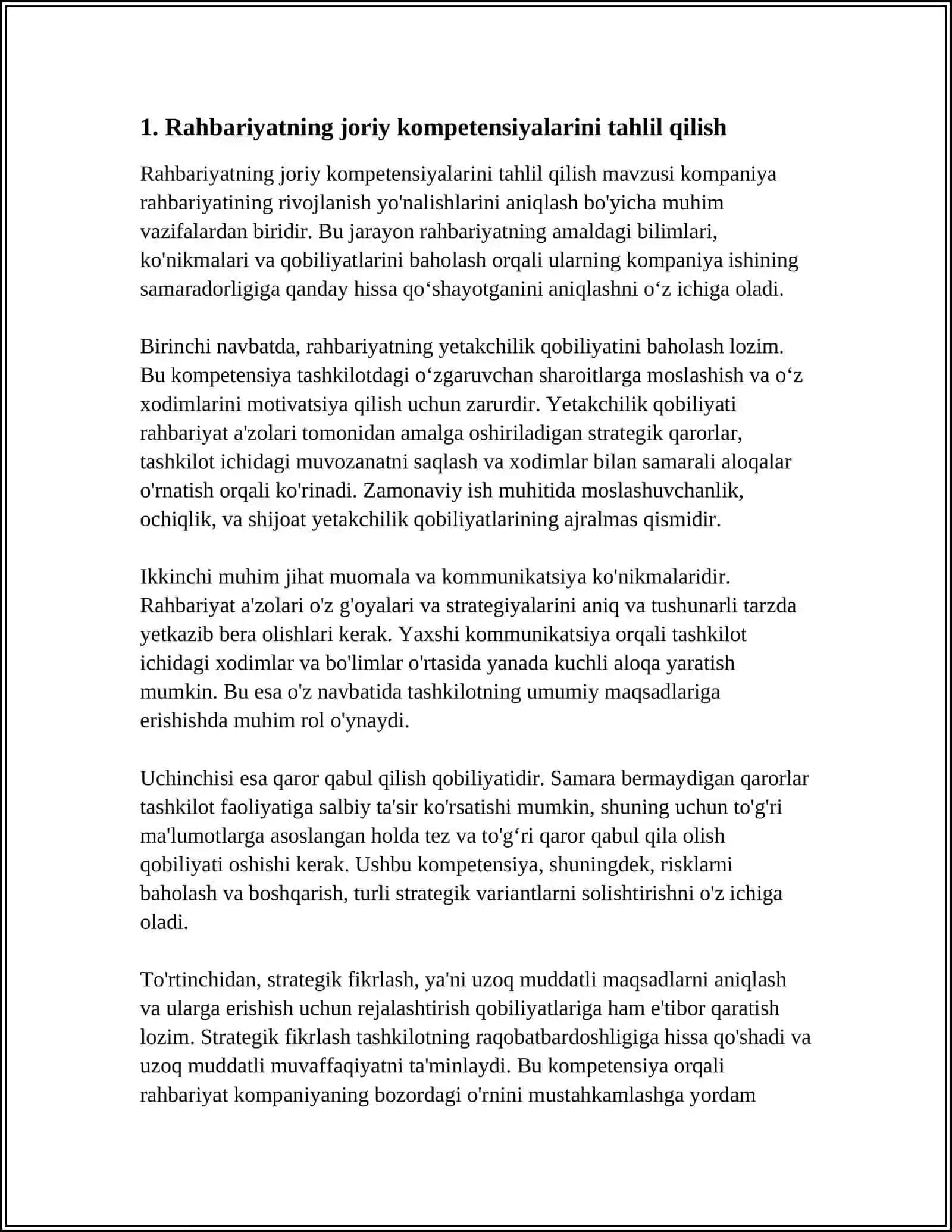 KOMPANIYA RAXBARIYATINING RIVOJLANISHI YO'NALISHLARINI ANIQLASH BO'YICHA VAZIFALAR 4