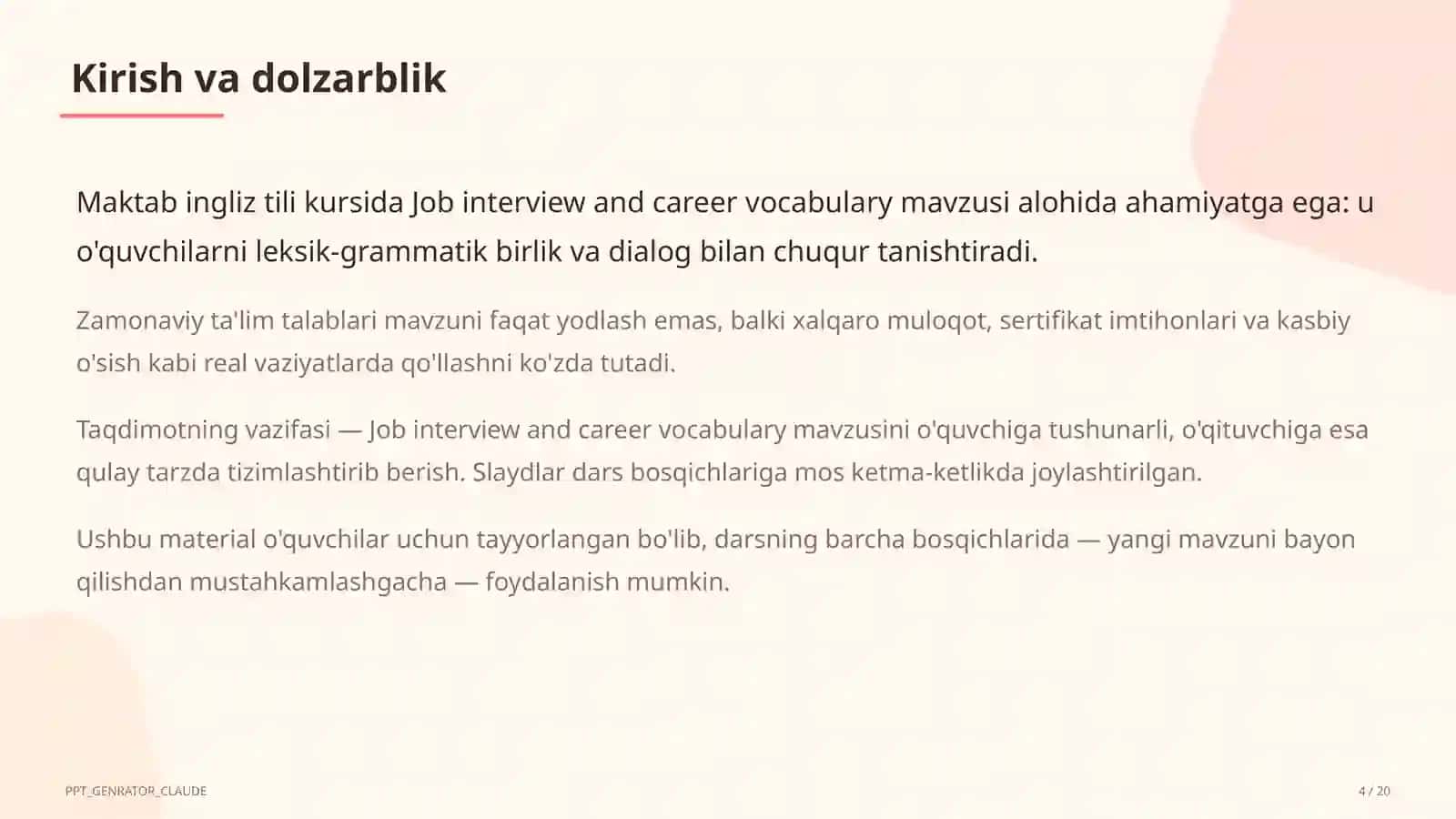 Job interview and career vocabulary (11-sinf) 4