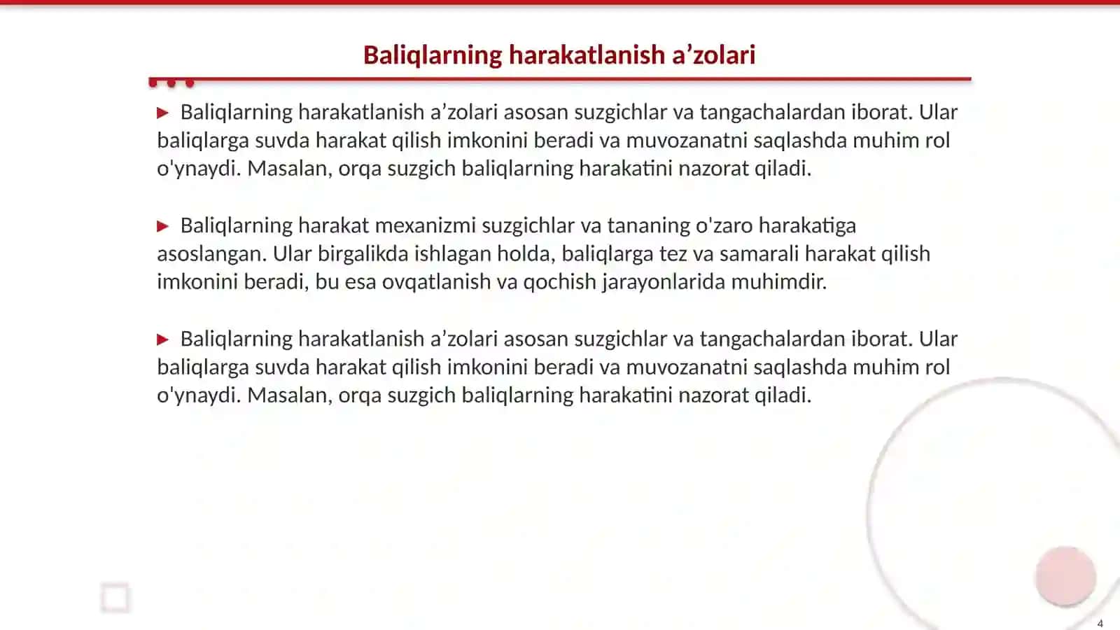 Baliqlarning tana tuzilishlari, harakatlanish aʼzolari. Terisi, tangachalari va suzgichlarining tuzilishi 4