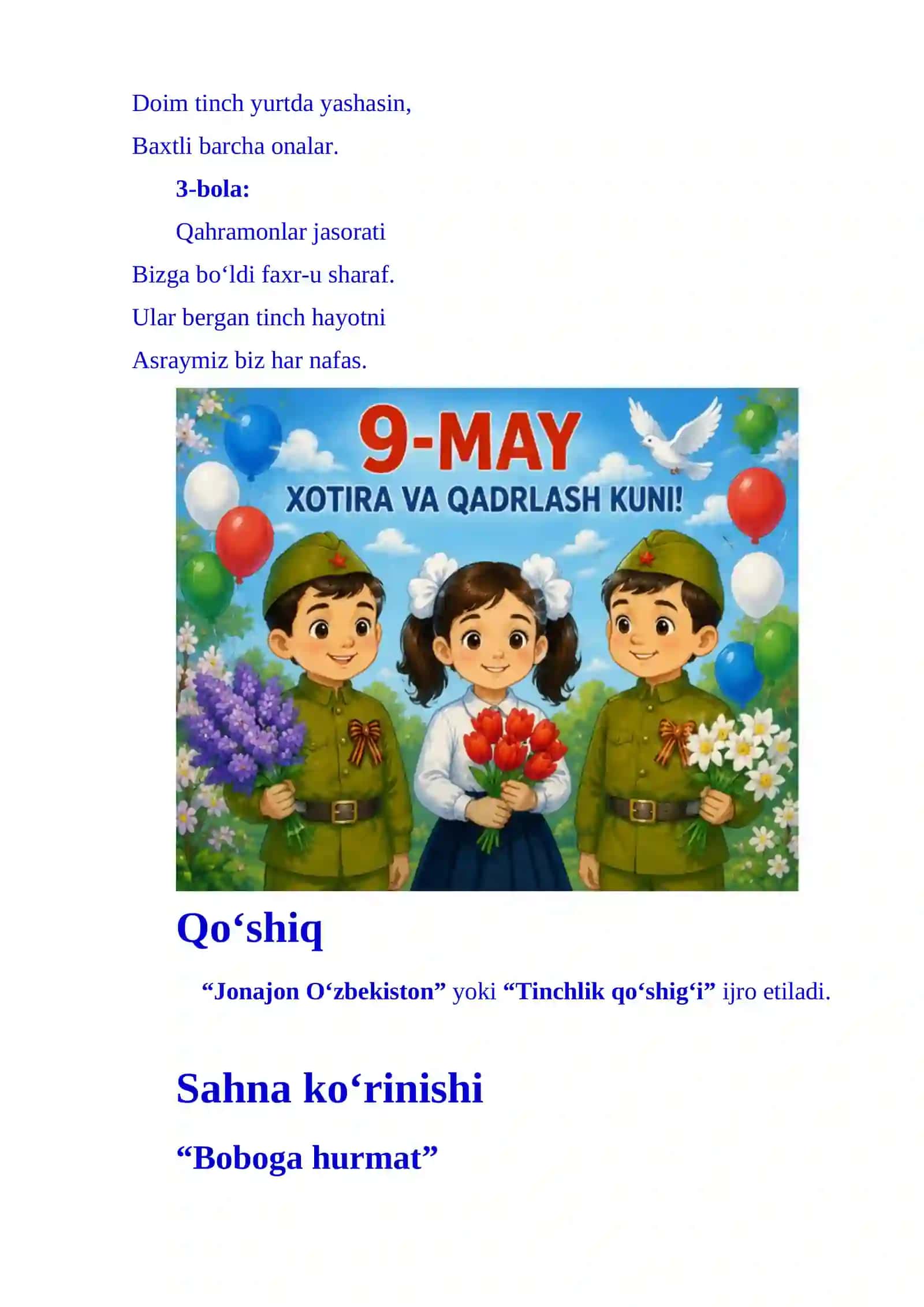 “9-may – Xotira va Qadrlash kuni” Maktabgacha ta’lim tashkiloti uchun bayram senariysi 4