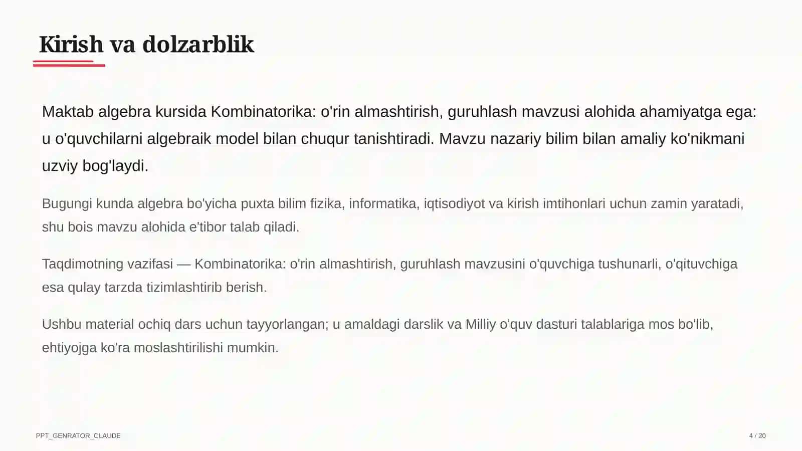 Kombinatorika: o'rin almashtirish, guruhlash (9-sinf) 4