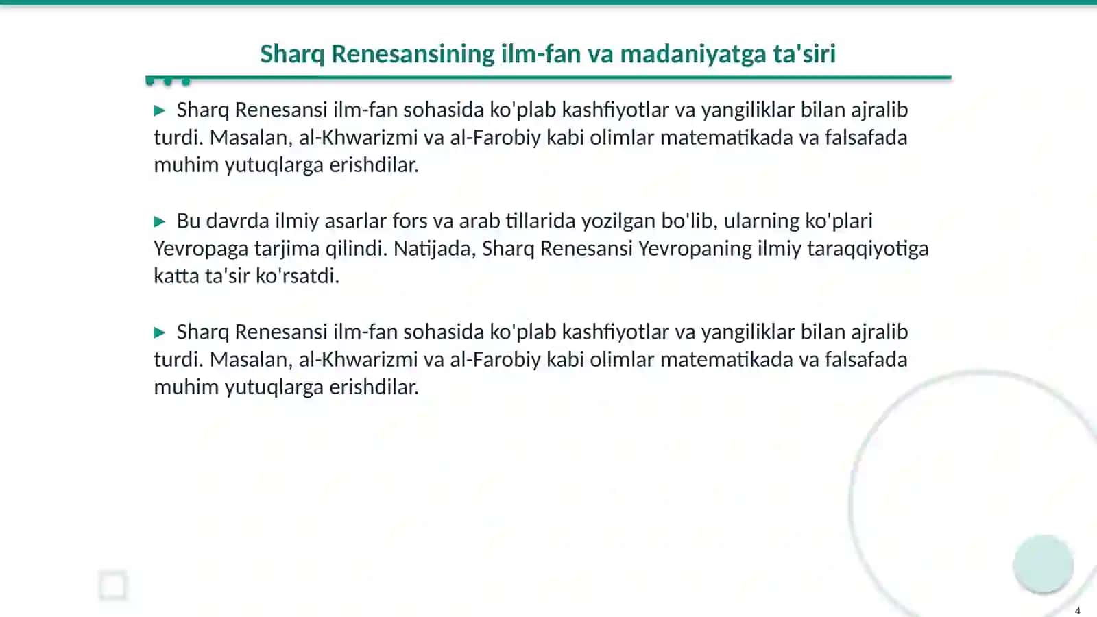 Sharq Renesansining jahon silvizatsiyasi taraqqiyotidagi o'rni 4