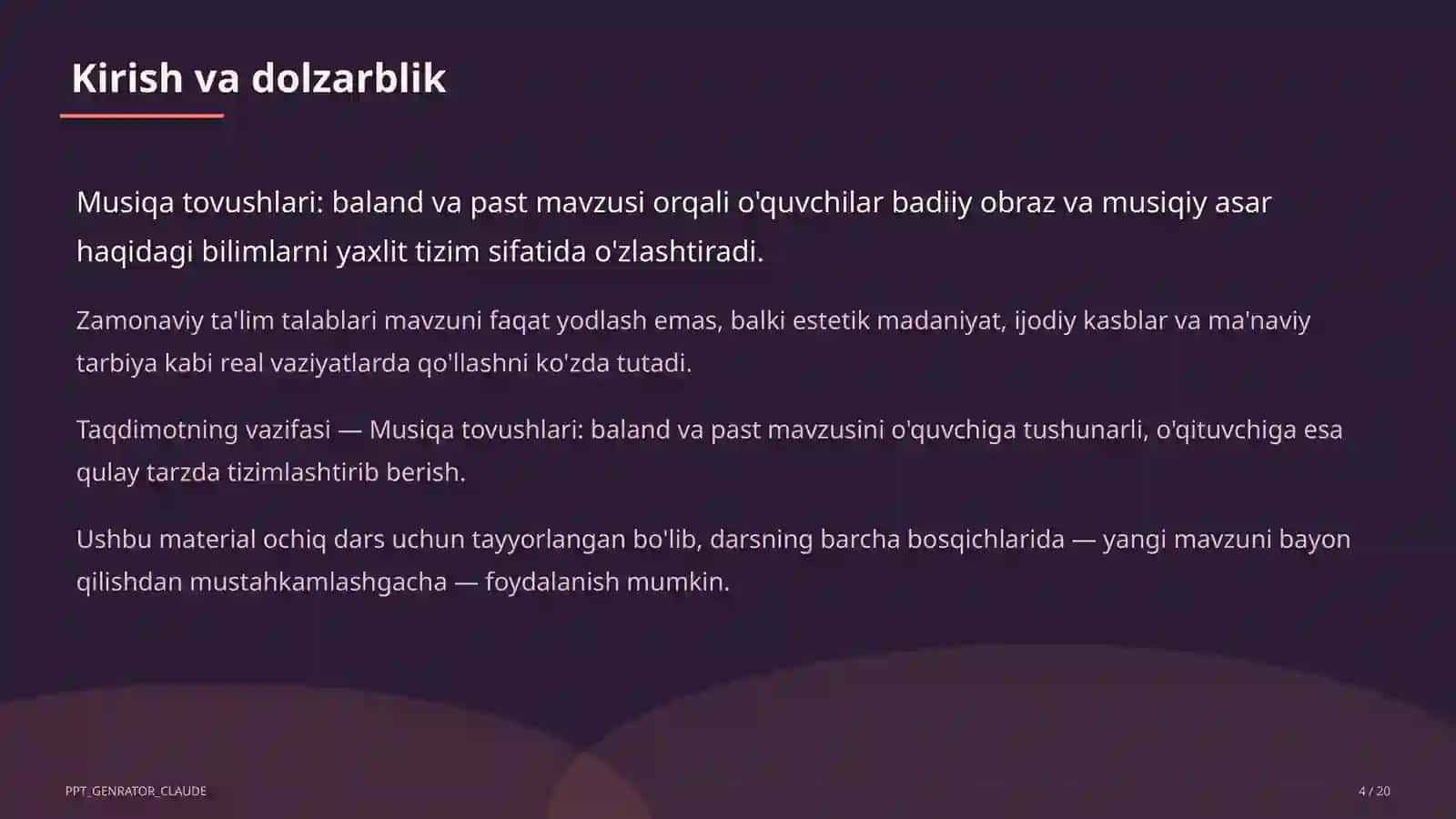 Tasviriy san'at va musiqa (1–7) - ochiq dars uchun 4