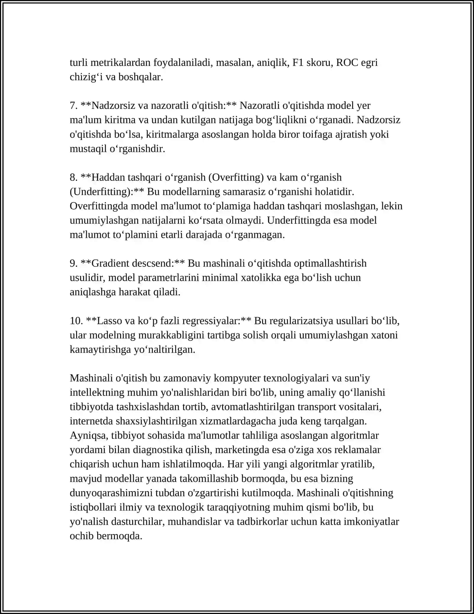 MASHINALI O'QITISHI USULI ASOSIDA KLASSIFIKATSIYA MASALALARINI YECHISH 4