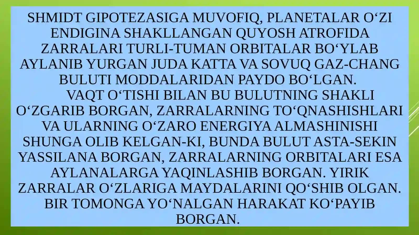 Quyosh tizimi. Yer sayyorasi. Geografik qobiqlar (Litosfera. Gidrosfera, Аtmosfera. Biosfera) 4