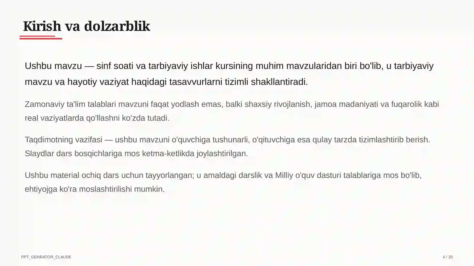 Sinf soati va tarbiyaviy tadbirlar (1–11) — ochiq dars uchun 4