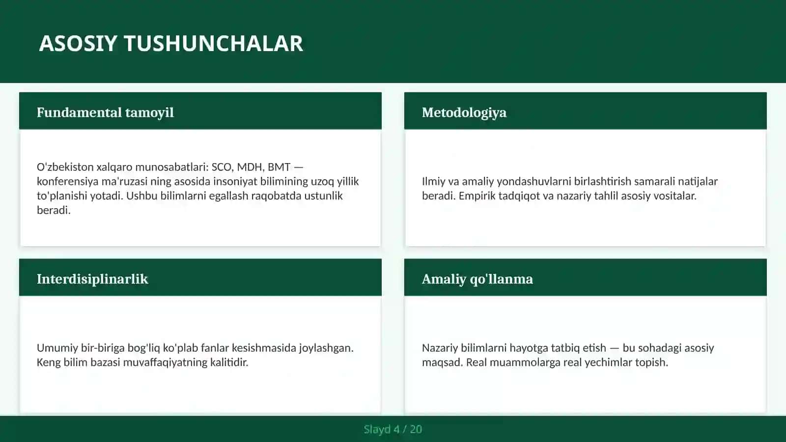 O'zbekiston Xalqaro Munosabatlari: SCO, MDH, BMT — Konferensiya Ma'ruzasi 4