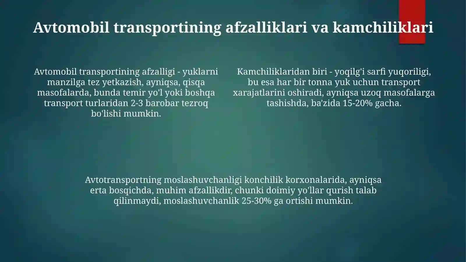Avtomobiltransportining kon-texnologik qollanish so'xalari 4