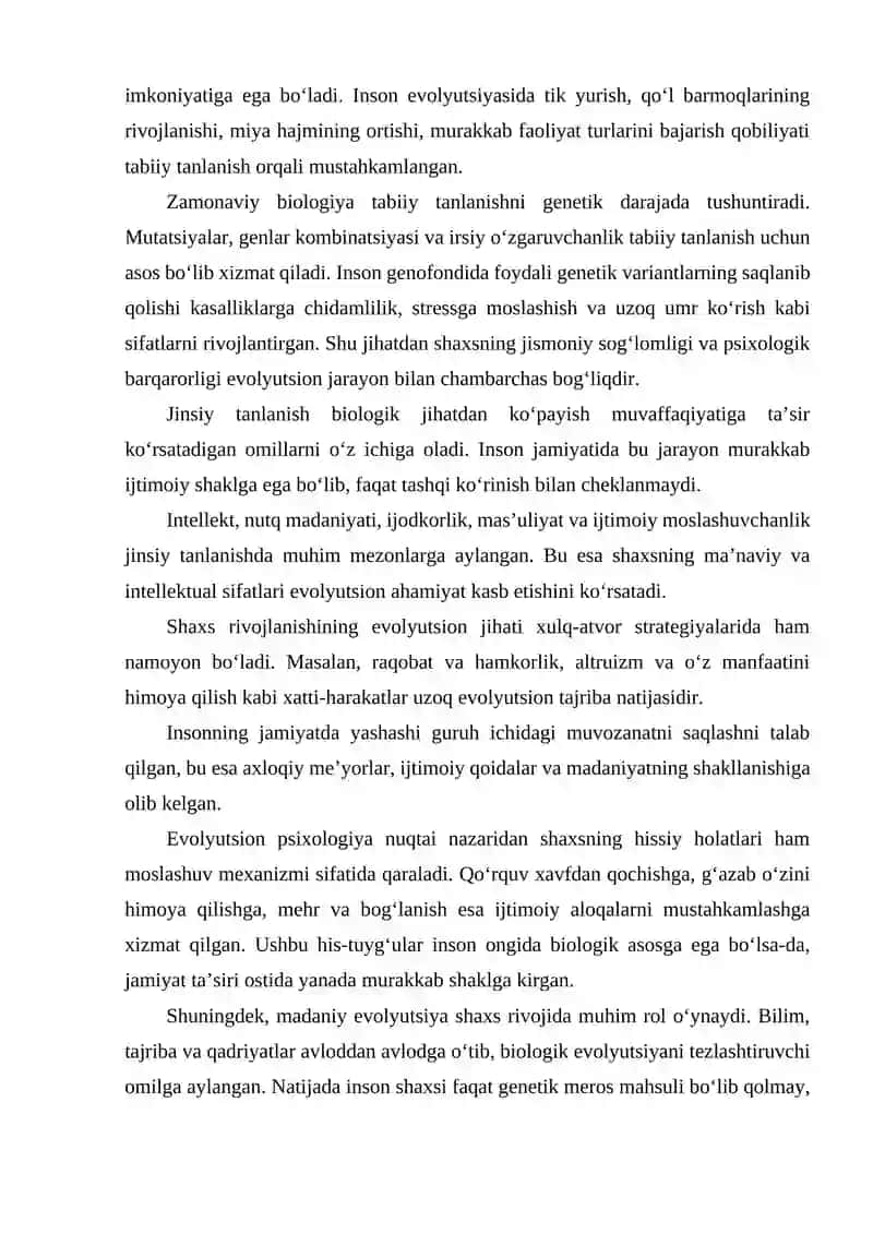 TABIIY VA JINSIY TANLANISH NAZARIYALARI. SHAXSNI EVOLYUTSION JIHATDAN RIVOJLANISHI 4