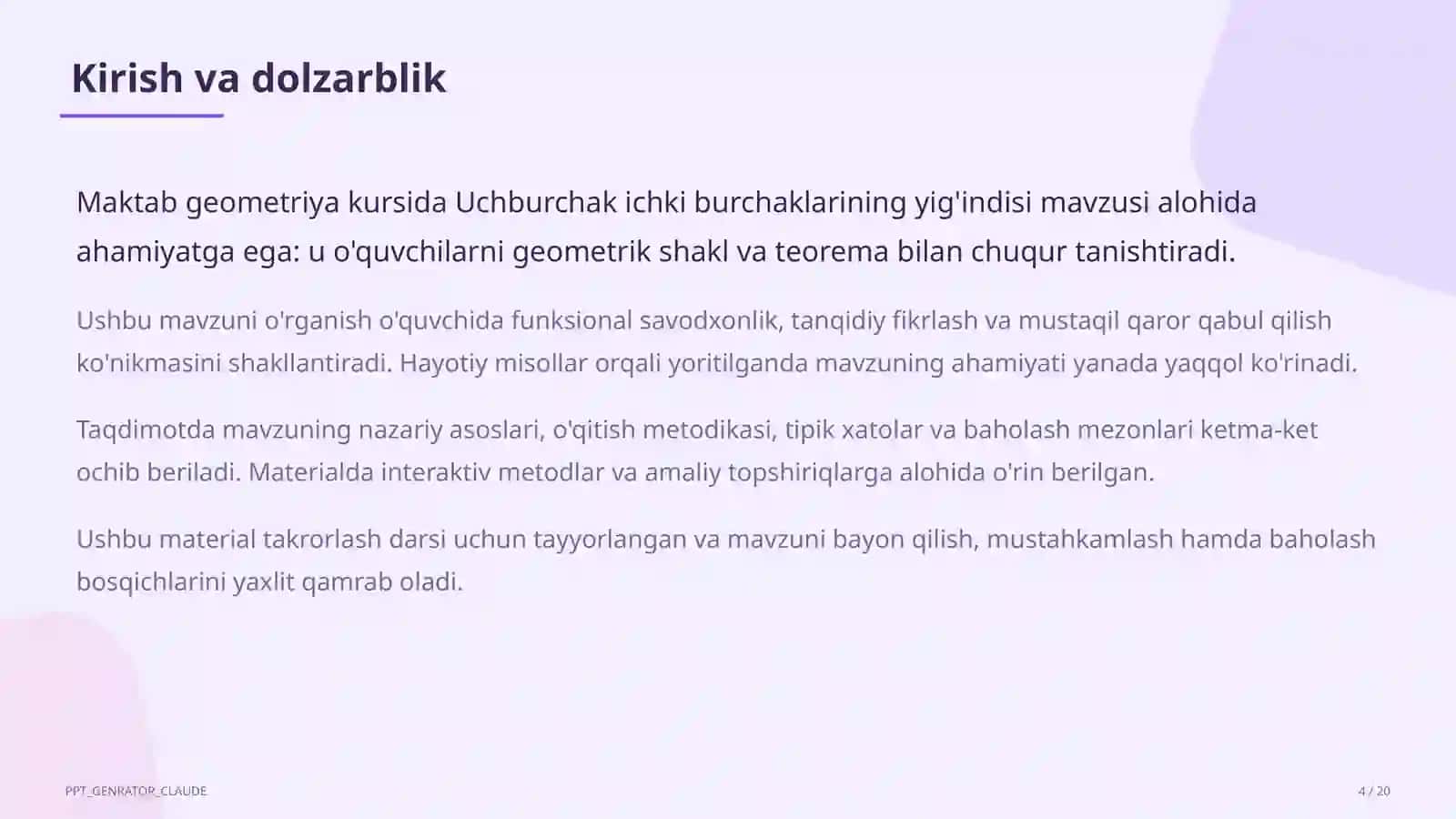 uchburchak ichki burchaklarining yigindisi 7 sinf 438 4
