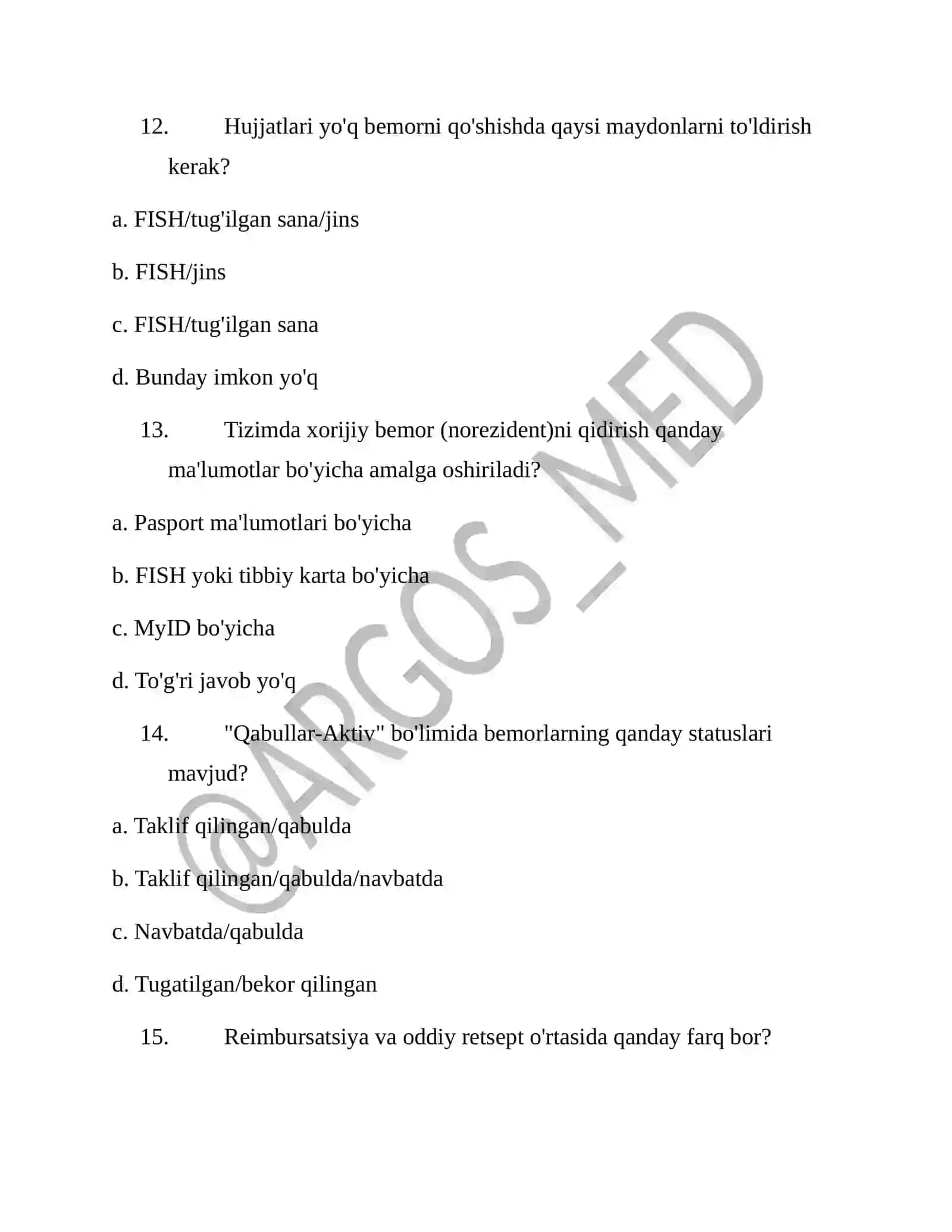 DMED tizimi bo'yicha testlar argos test savol javoblari 4