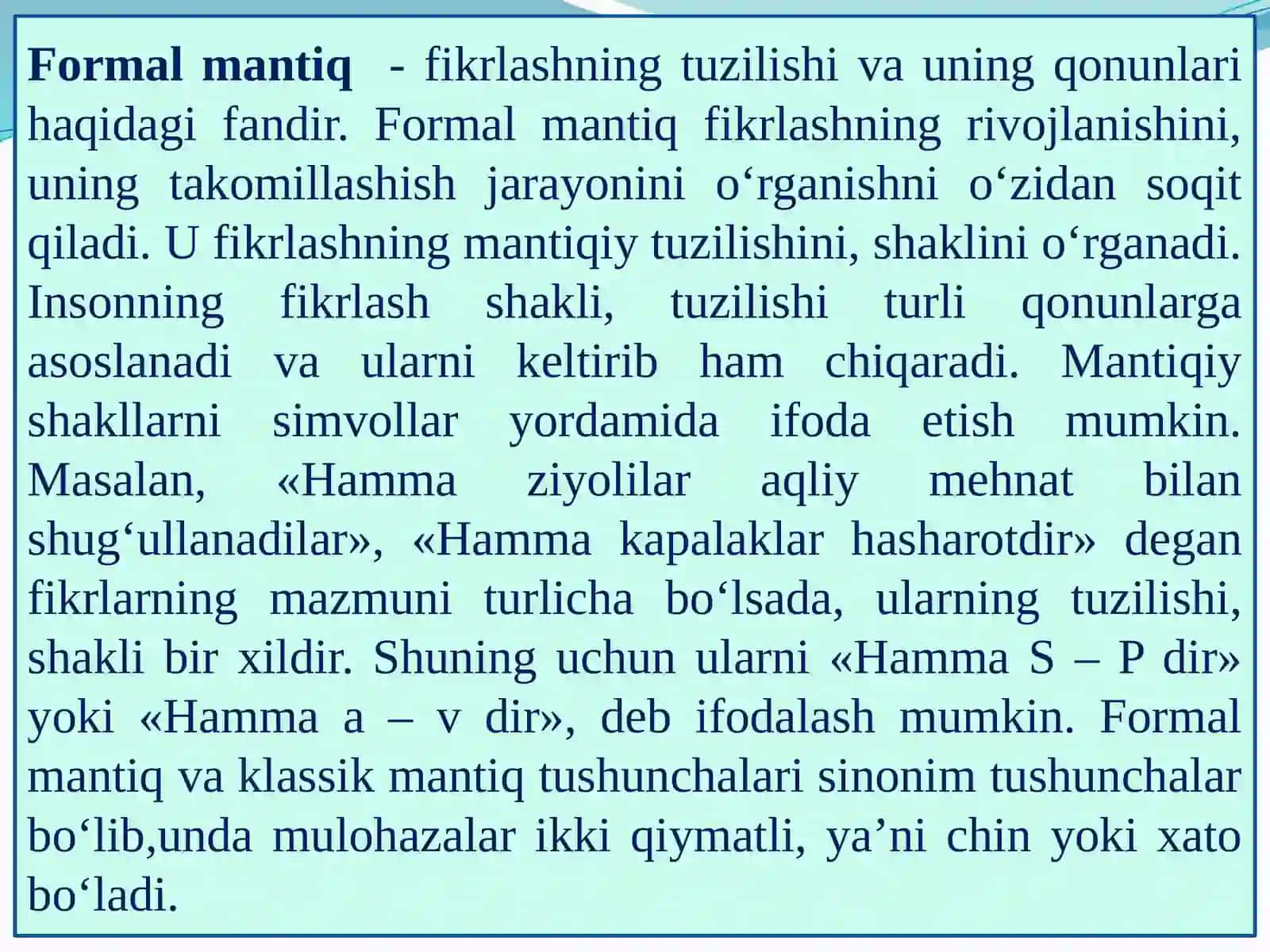 MANTIQ ILMI. TАFАKKUR SHАKLLАRI: TUSHUNCHA, HUKM VA XULOSA CHIQARISH. 4