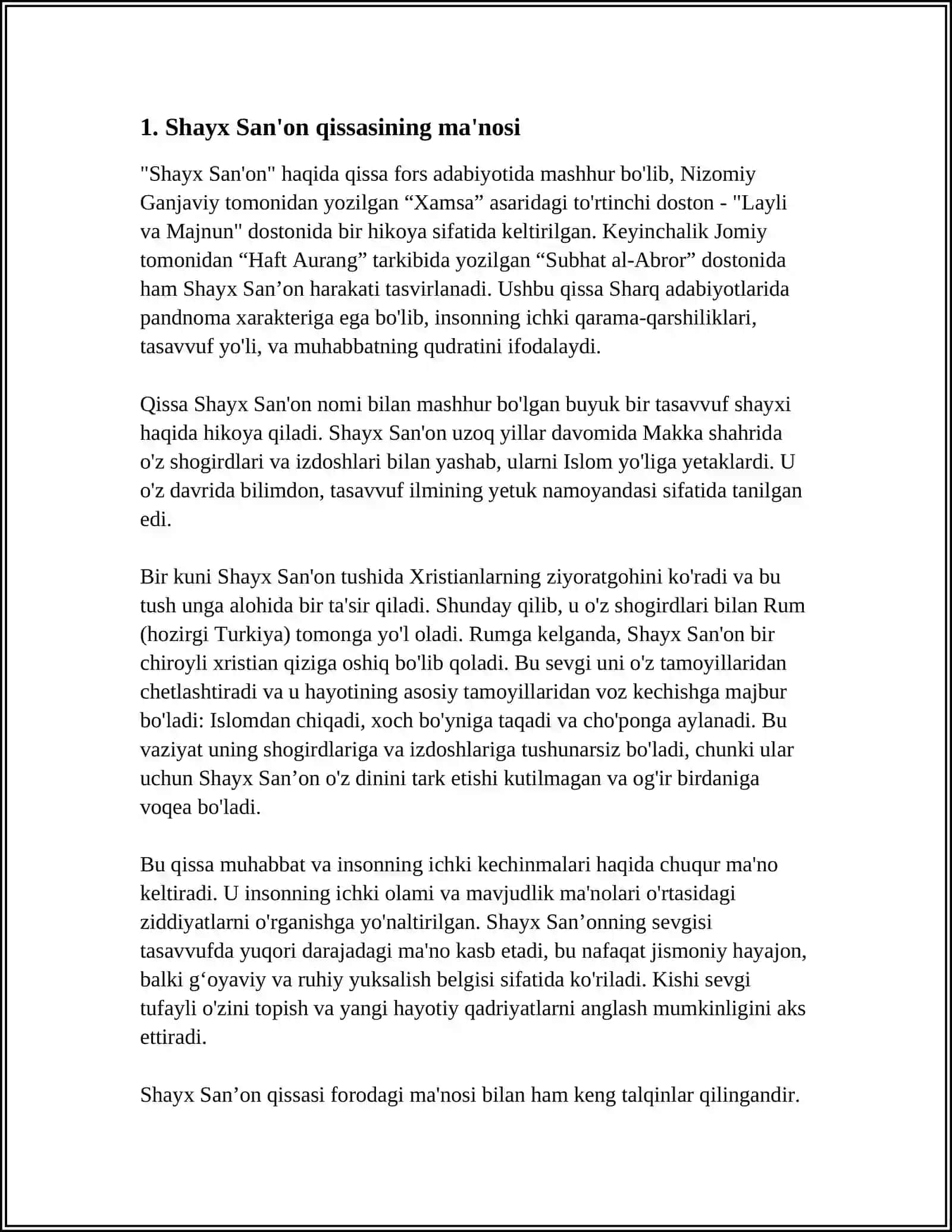 LISON UT-TAYR DOSTONIDA KELTIRILGAN SHAYX SAN'ON HIKOYATINING GʻOYAVIY TALQINI 4