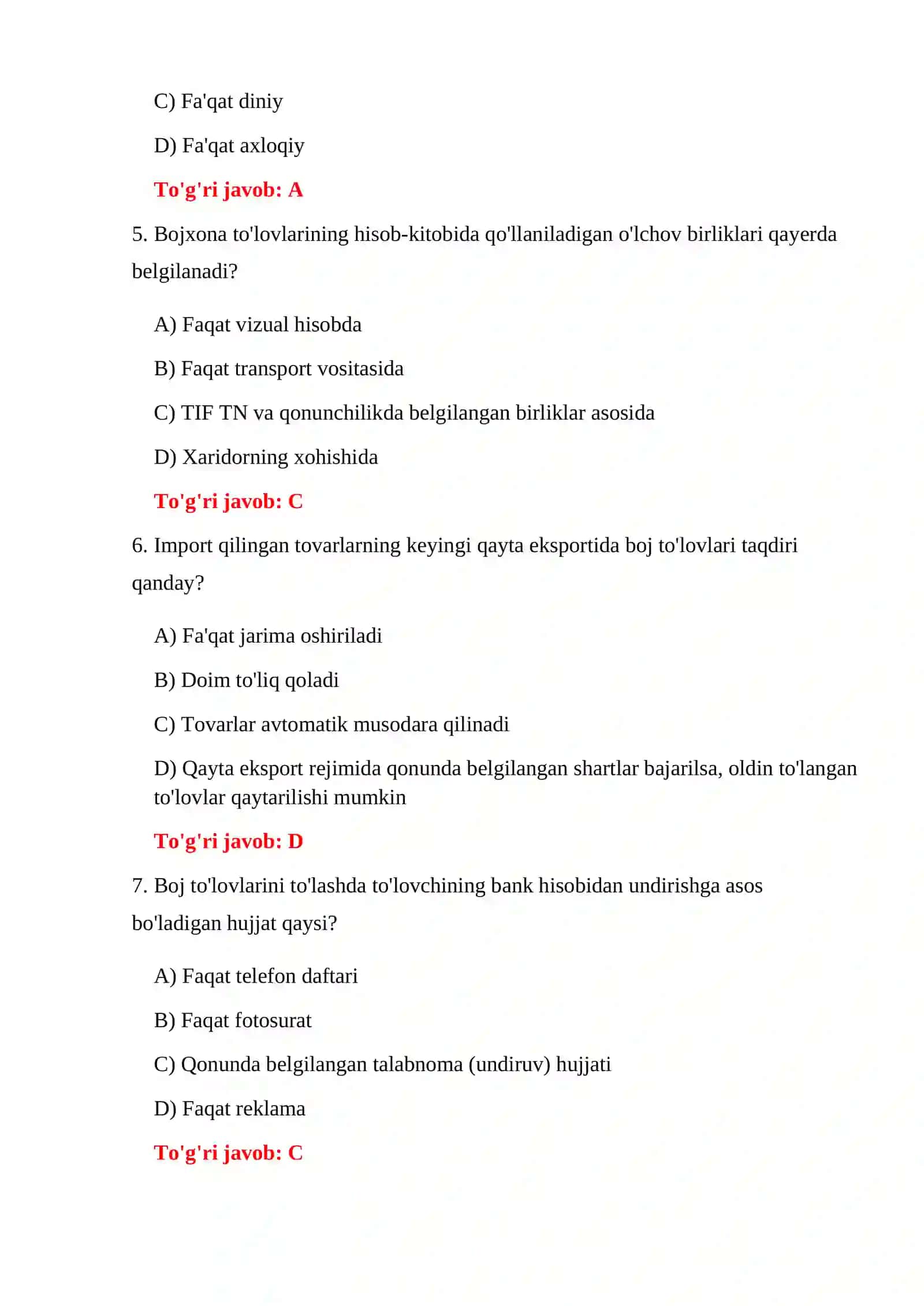 Bojxona To'lovlari Imtihon Savollari 4