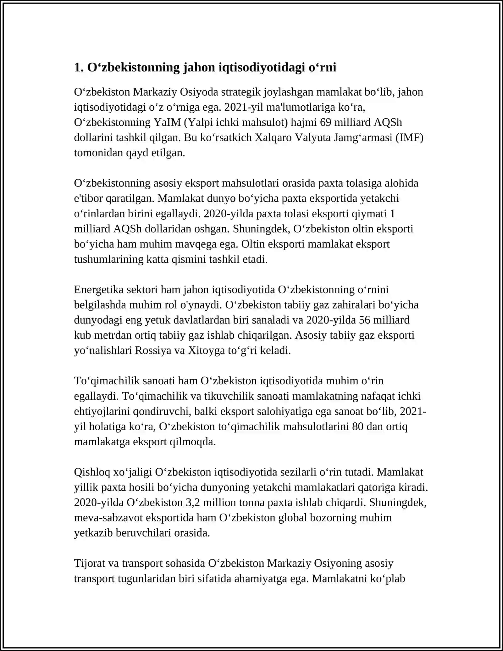 O‘ZBEKISTON IQTISODIYOTINING JAHON XO’JALIGIDAGI O’RNI. O’ZBEKISTONDA IQTISODIY ISLOHATLARNING CHUQURLASHUVI 4