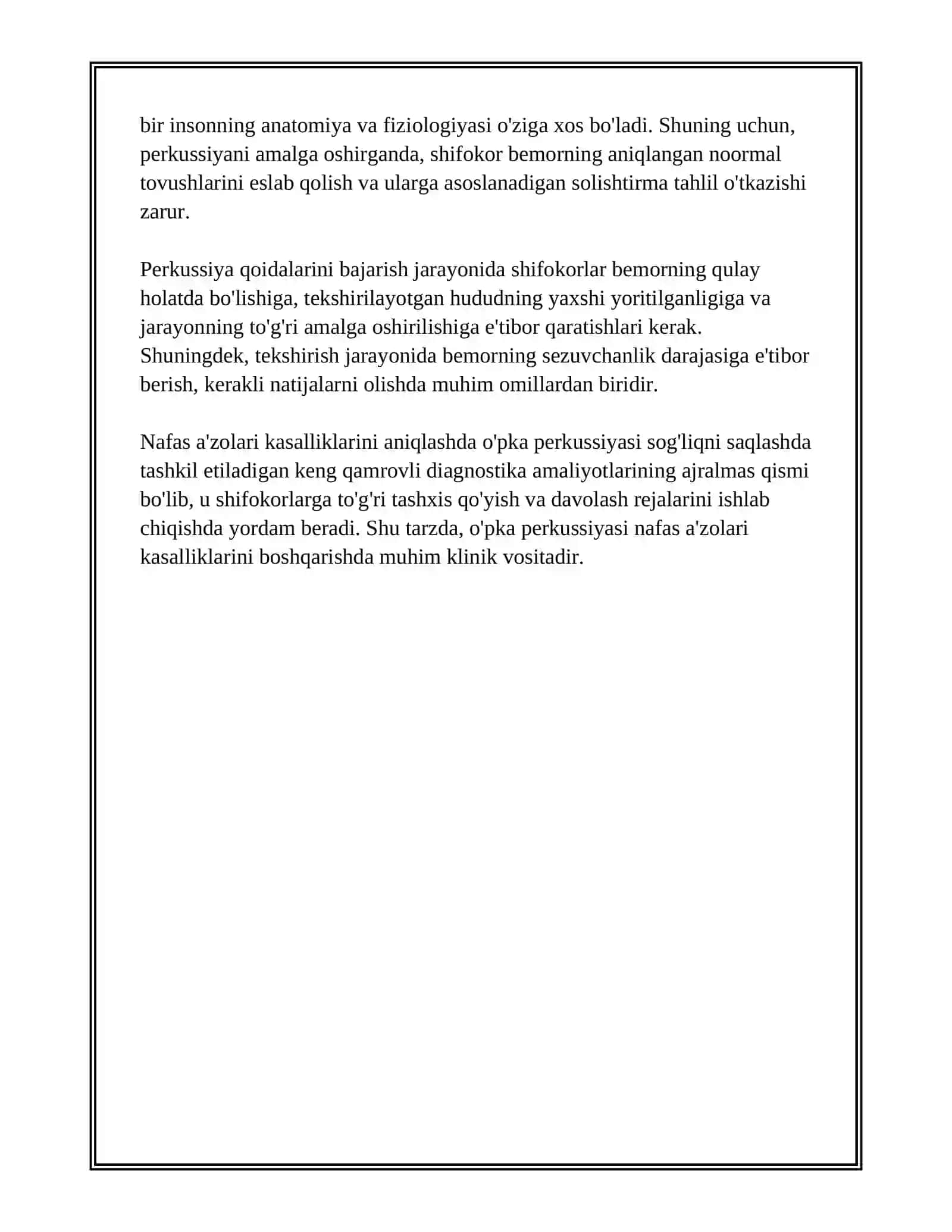 NAFAS AʼZOLARI KASALLIKLARI BILAN KASALLANGAN BERMORLARNI FIZIKAL TEKSHIRISH USULLARI:ÓPKA PERKUSSIYASI,QOIDALARINI BACHARISH.SOLISHTIRMA PERKUSSIYA 4