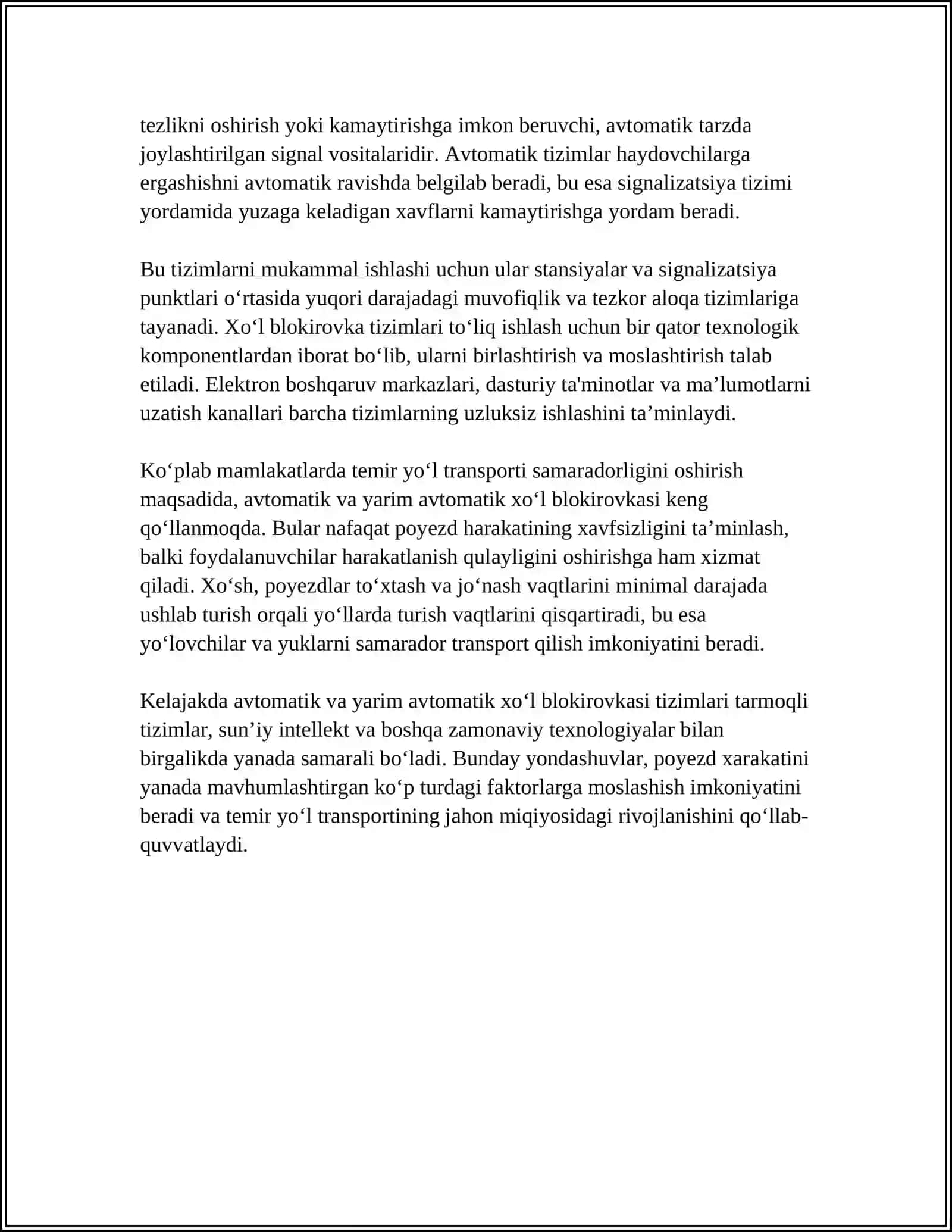 AVTOMATIK VA YARIM AVTOMATIK XO'L BLOKURORKASI. AVTOMATIK LEKOMATIV SIGNALIZATSIVASI VA AVTOSTOPLAR 4