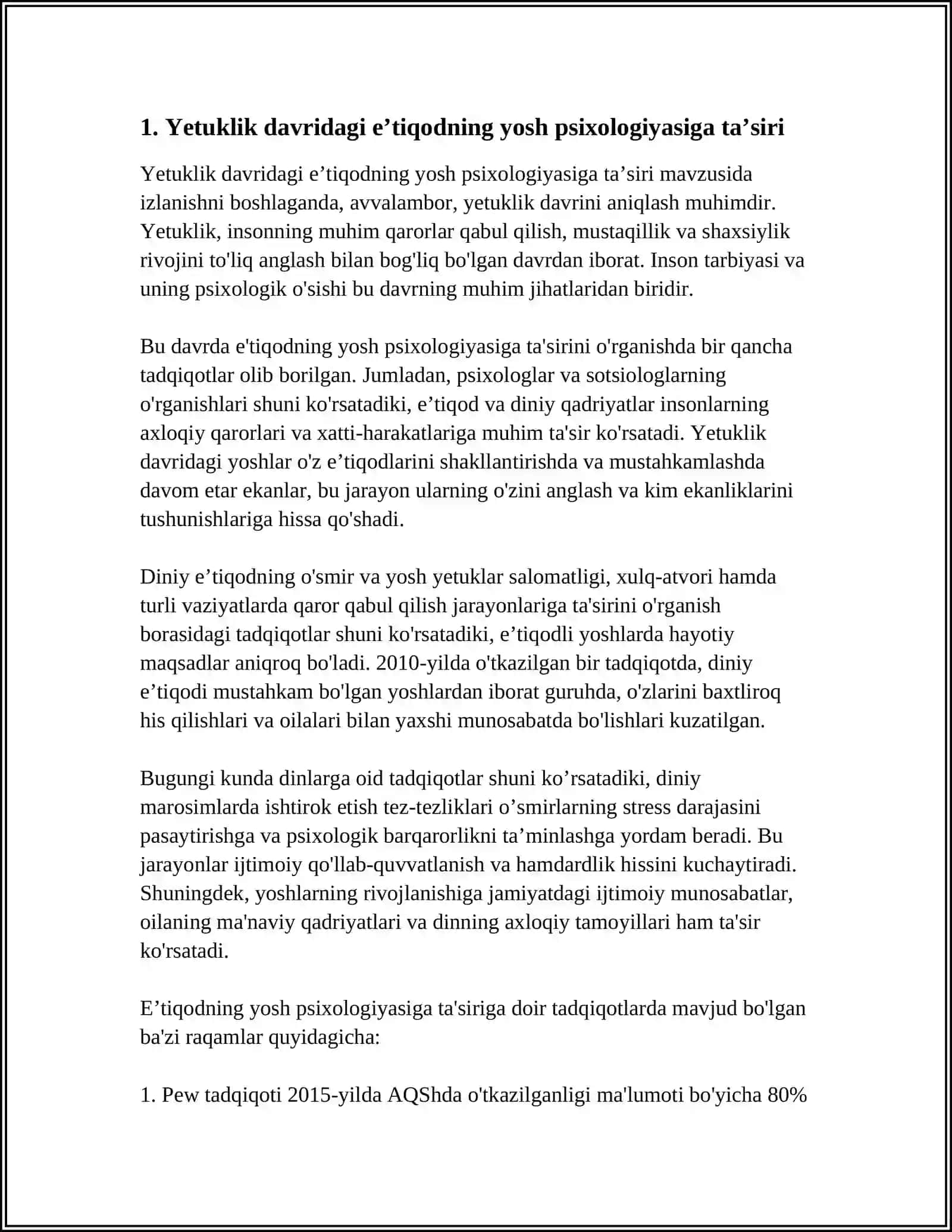 YETUKLIK DAVRIDA E’TIQOD VA DUNYO QARASH; YOSHLIK DAVRIDAGI HAYOT VA FAOLIYAT; ILK O‘SPIRINLIK DAVRIDAGI INQIROZLAR; ILK O‘SPIRINLIK VA KASB TANLASH; 4