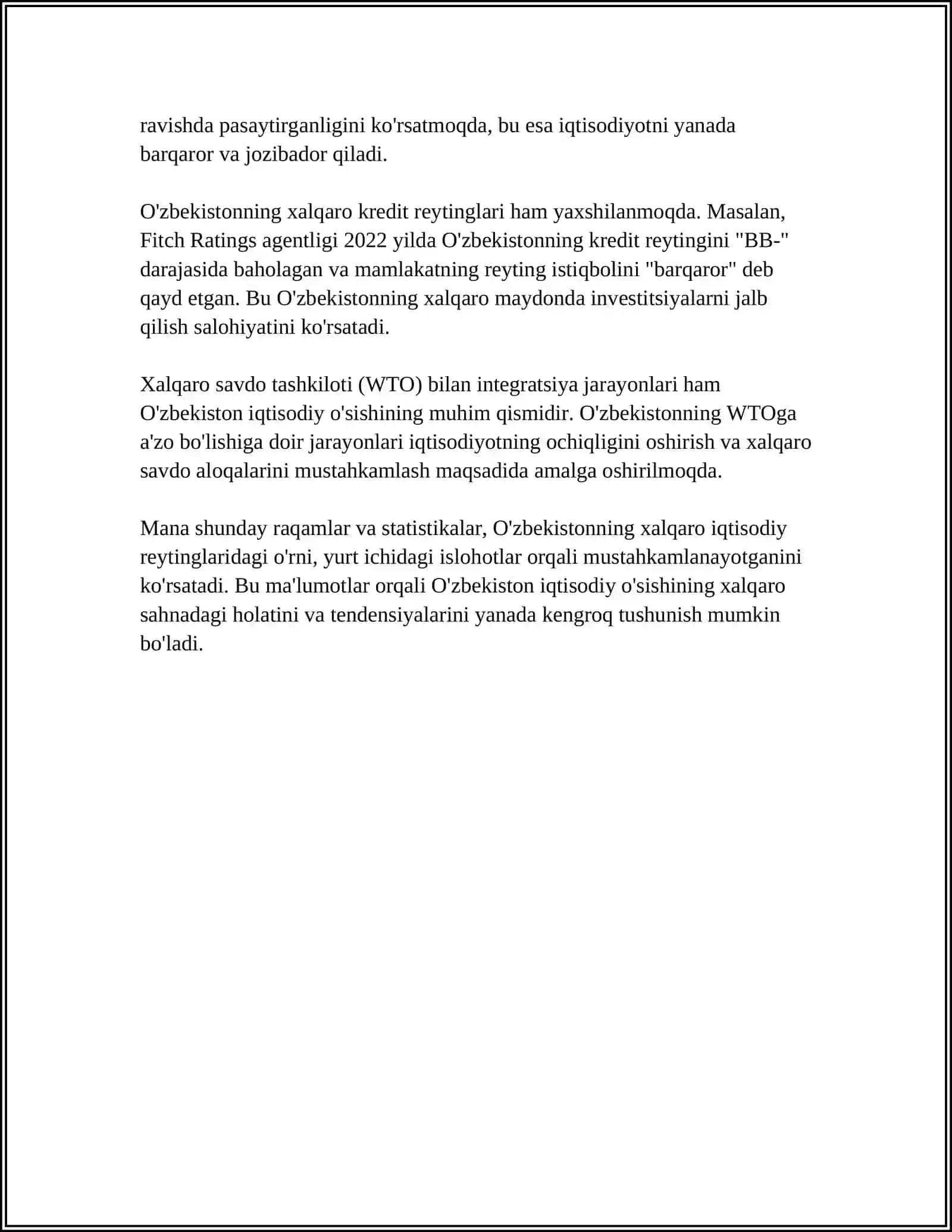 YANGI O'ZBEKISTON IJTIMOIY-SIYOSIY IQTISODIY VA MA'DANIY HAYOTDA RO'Y BERAYOTGAN O'ZGARISHLARNING XALQARO REYTING VA INDEKSLARDA AKS ETISHI 4