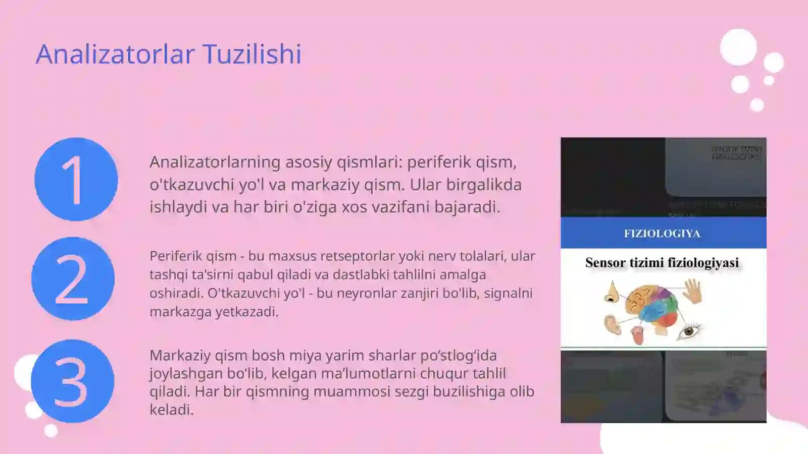 Analizatorlar fiziologiyasi. Retseptorlar (og`riq, hid biluv, tam biluv, baro-hemo ) 4