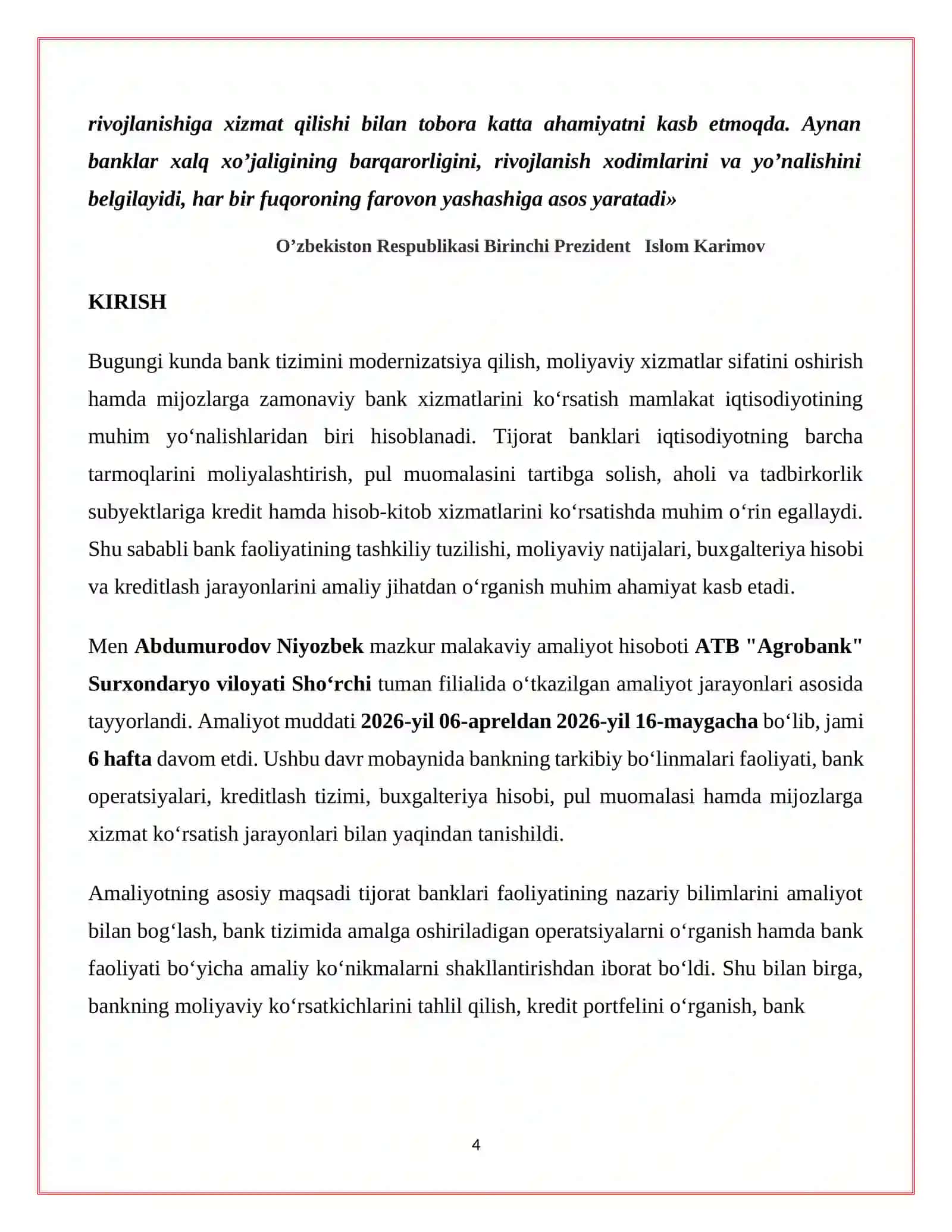 Abgrobok hamda ATB "Agrobank" Sho‘rchi haqida AMALIYOT HISOBOT 4