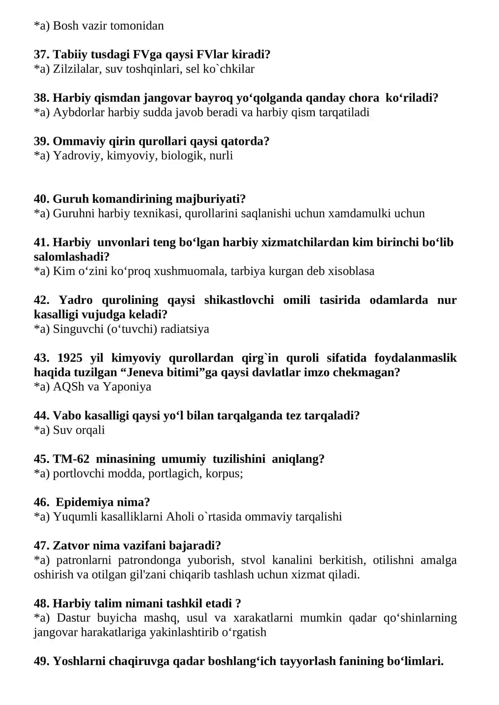 “Chaqiruvga qadar boshlang‘ich tayyorgarlik” fani o‘qituvchilari uchun mutaxassislik fanlaridan testlar 4