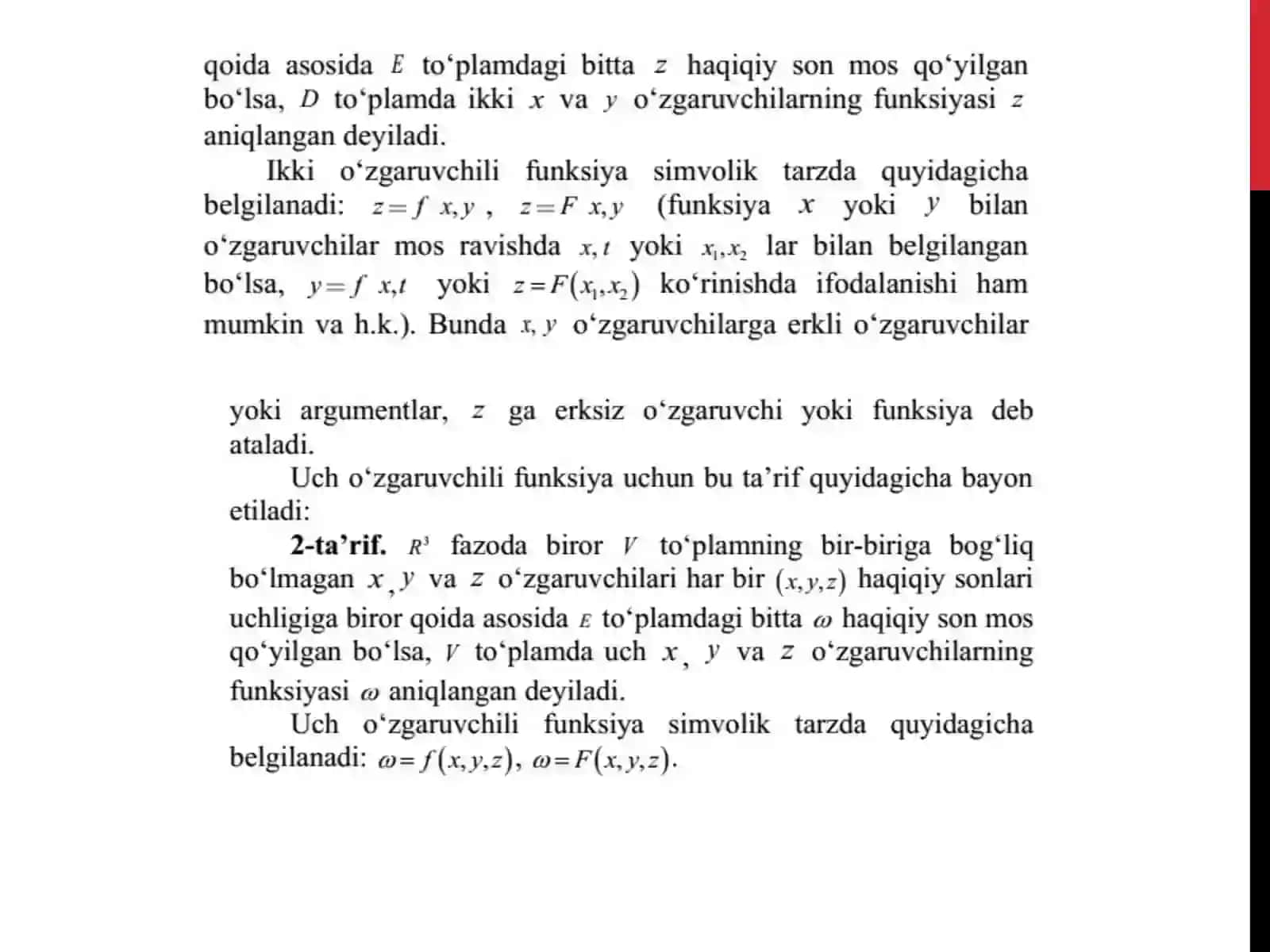 KO’P O’ZGARUVCHILI FUNKSIYANING XUSUSIY XOSILALARI VA DIFFERENSIALI. KO’P O’ZGARUVCHILI FUNKSIYANING TO’LIQ DIFFERENSIALI. KO’P O’ZGARUVCHILI MURAKKAB FUNKSIYANING XUSUSIY HOSILASI VA TO’LA DIFFERENSIALI 4