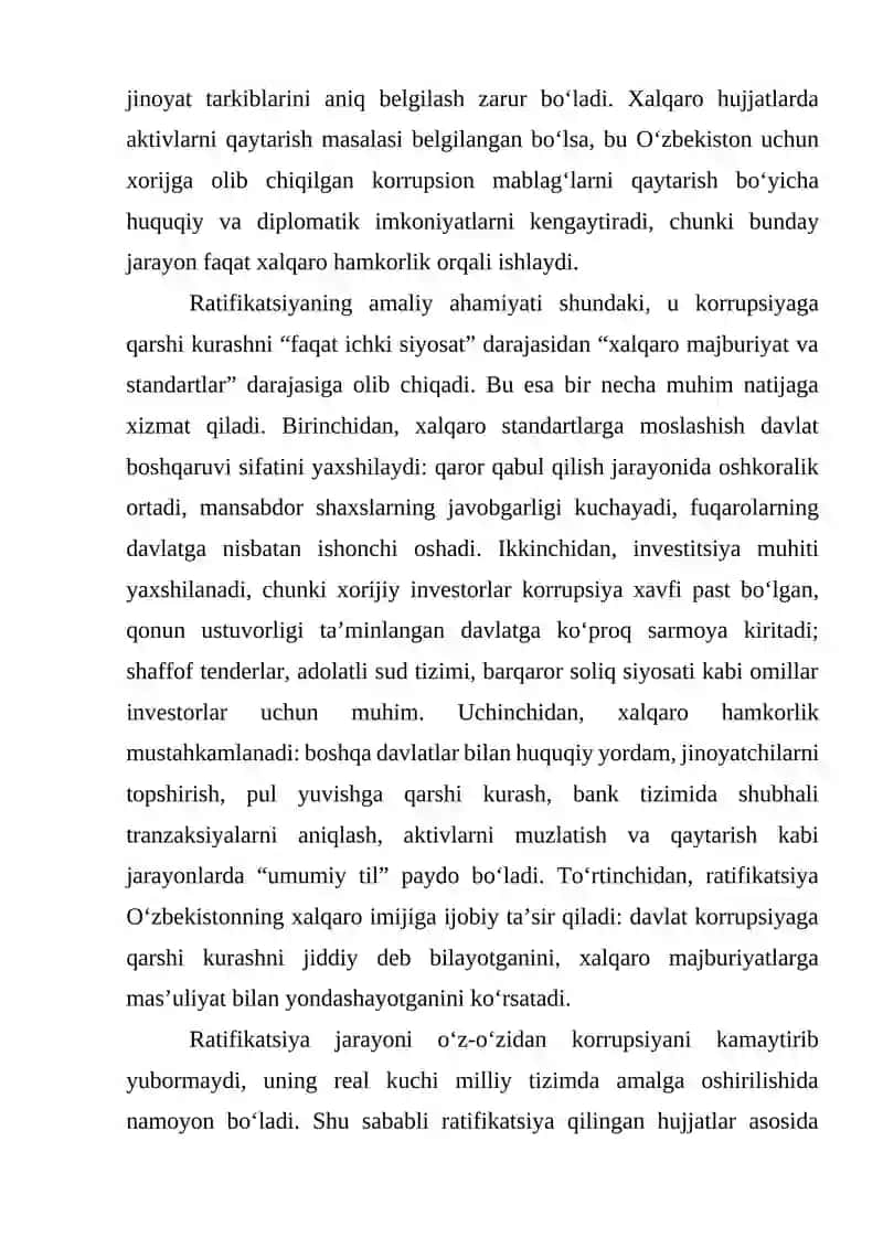 Korrupsiyaga qarshi kurash bo‘yicha xalqaro qonunlar va qarorlarning O‘zbekistonda ratifikatsiya qilinishining ahamiyati, iqtisodiy-siyosiy va ijtimoiy-huquqiy mexanizmlari 4