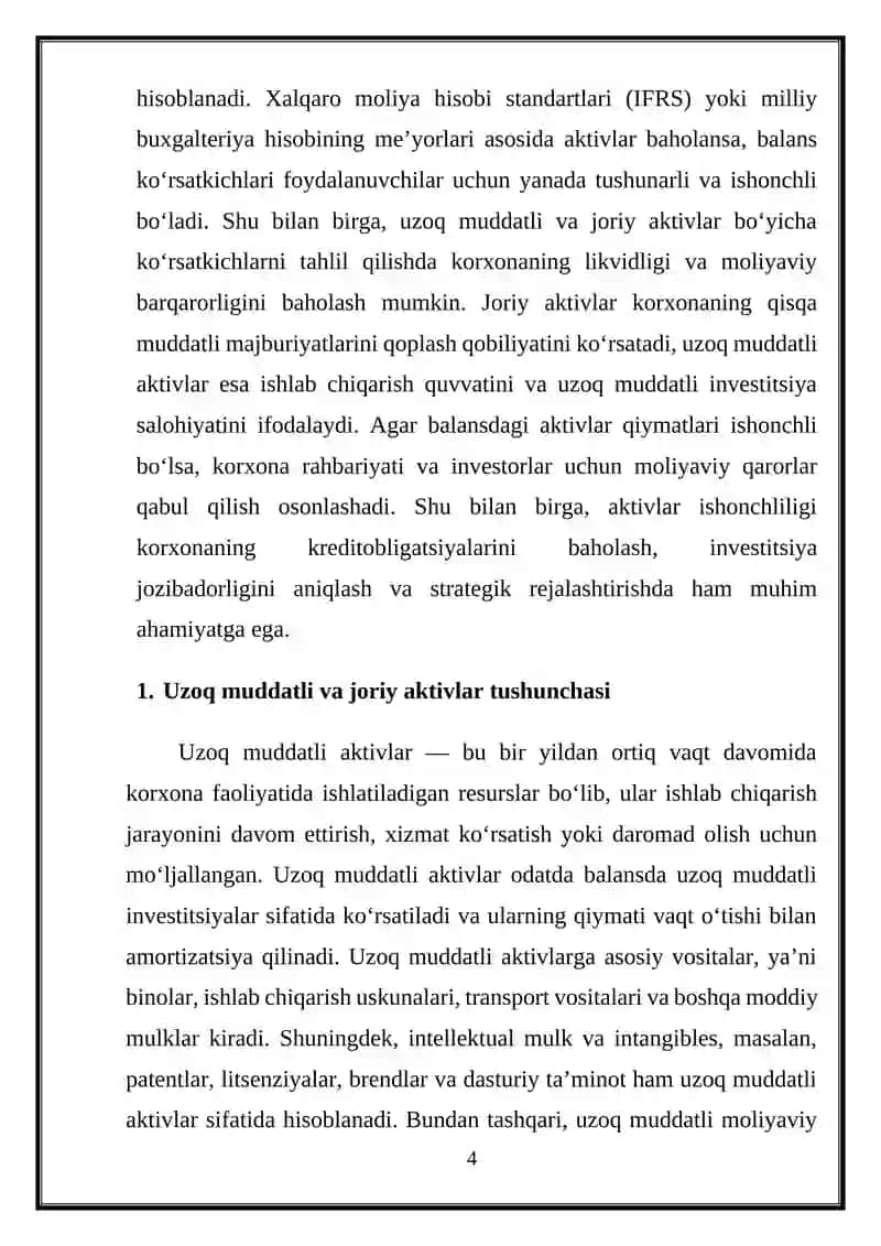 Buxgalteriya balansining uzoq muddatli va joriy aktivlar bo‘yicha ko‘rsatkichlari ishonchliligini o‘rganish 4