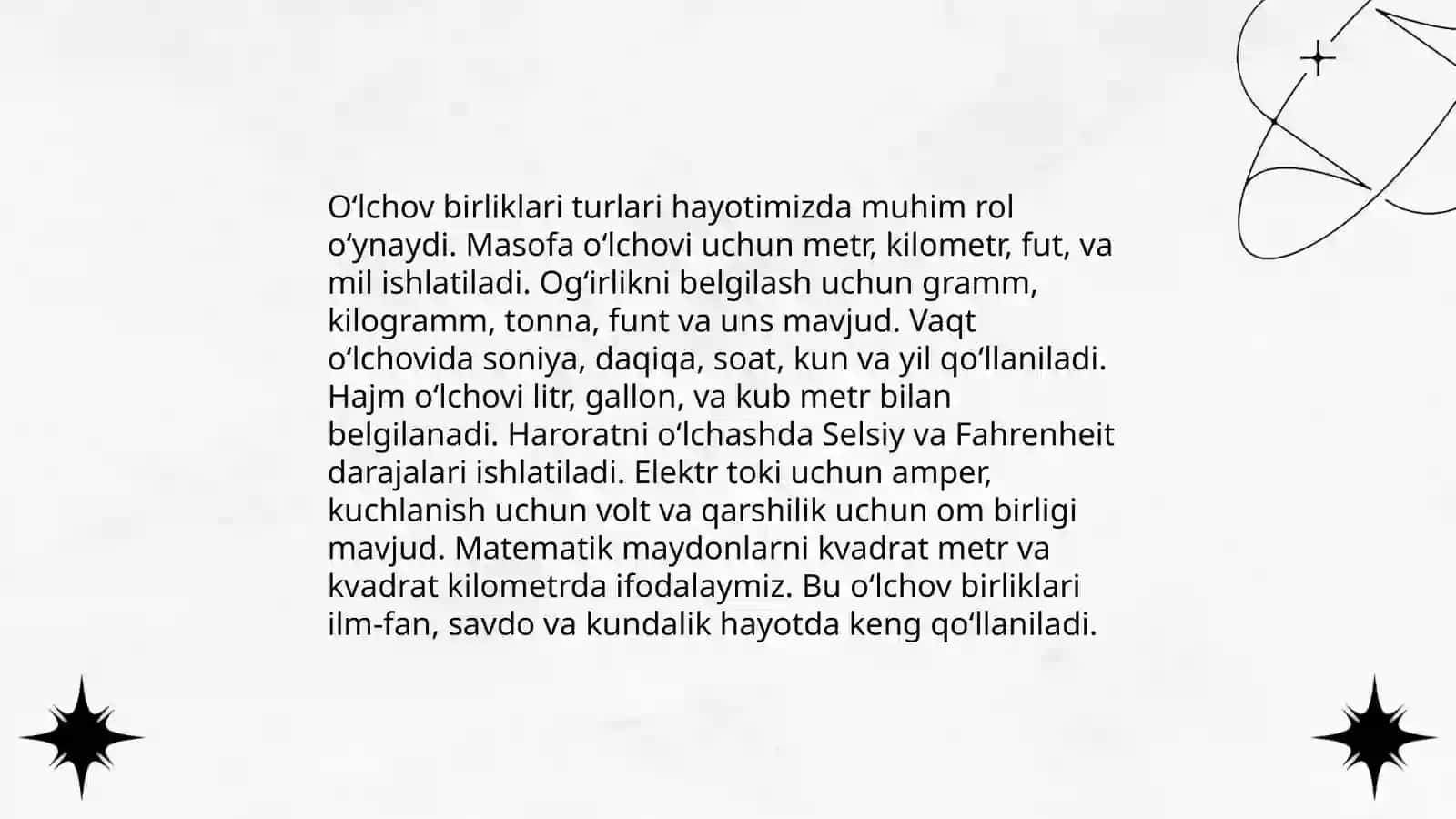 Miqdorlarni o'lchash, o'lchov birliklarining turlari 4