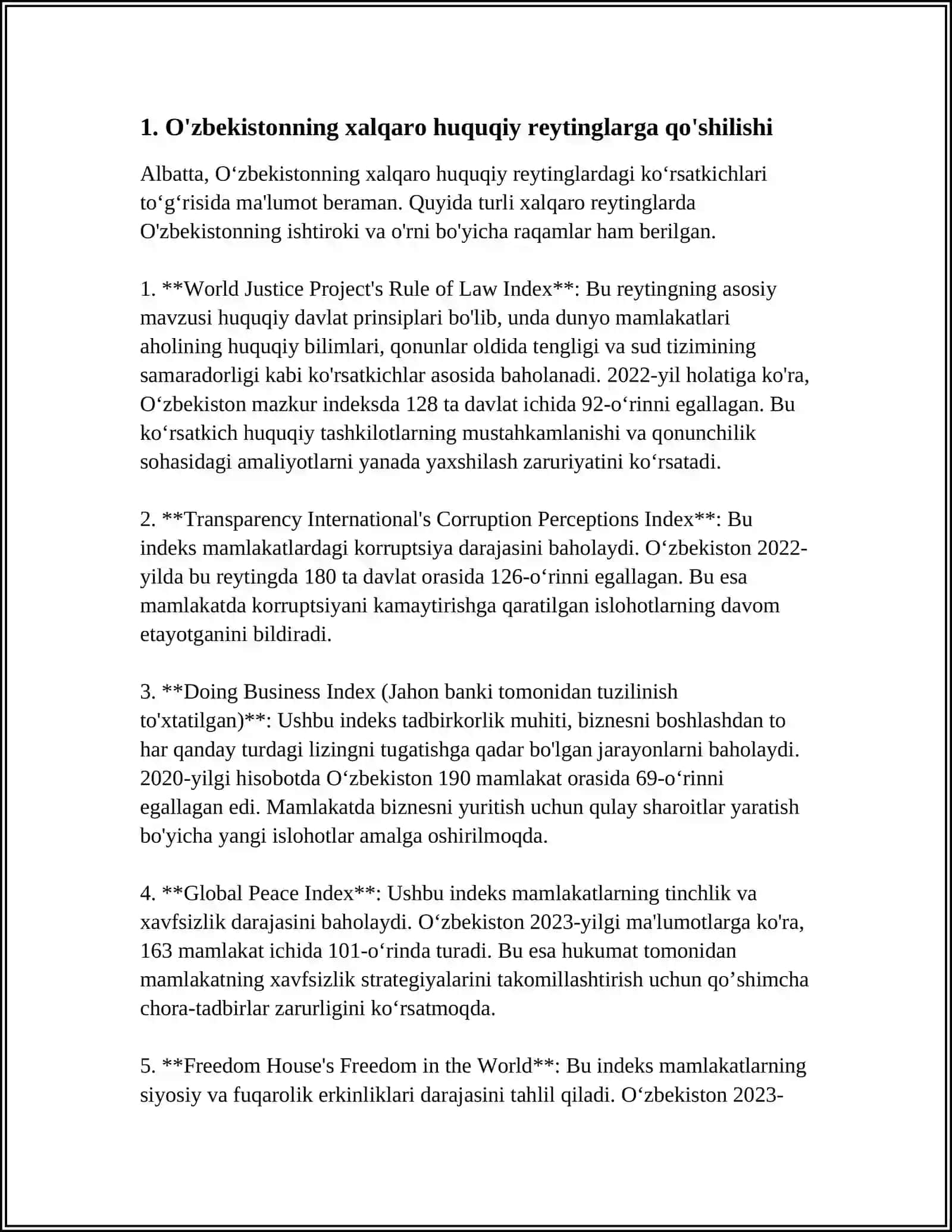 SIYOSIY HUQUQIY SOHADAGI USTUVOR XALQARO REYTINGLAR VA ULARGA OʻZBEKISTONNING INTEGRATSIYALASHUVI 4